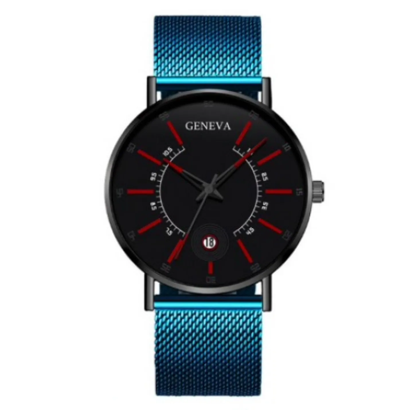 Hidzo Horloge Geneva - Met Datumaanduiding - Ø 40 mm - Blauw/Rood - Staal