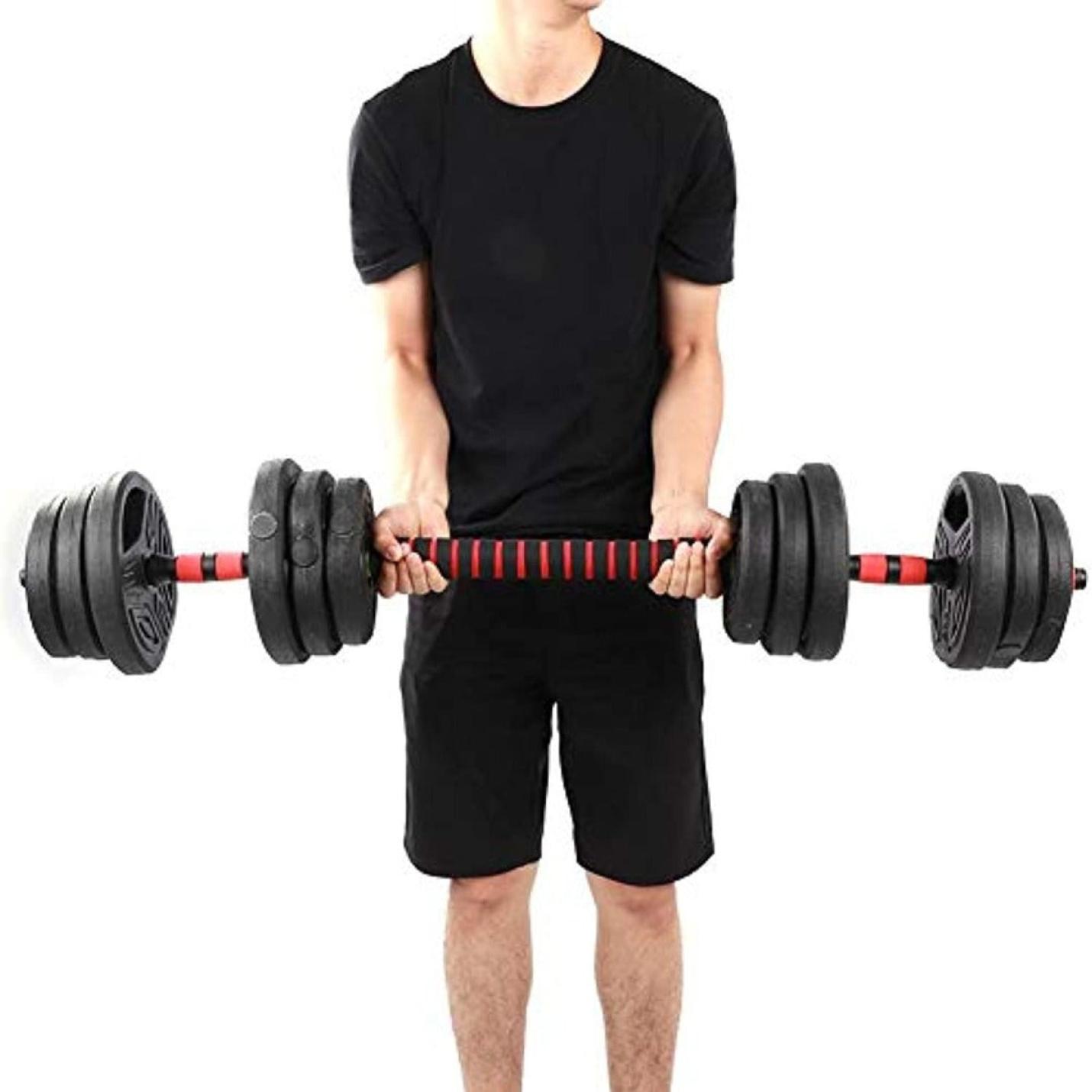 20 kg dumbbell set met plastic gecoate gewichten en 40 cm halterstang