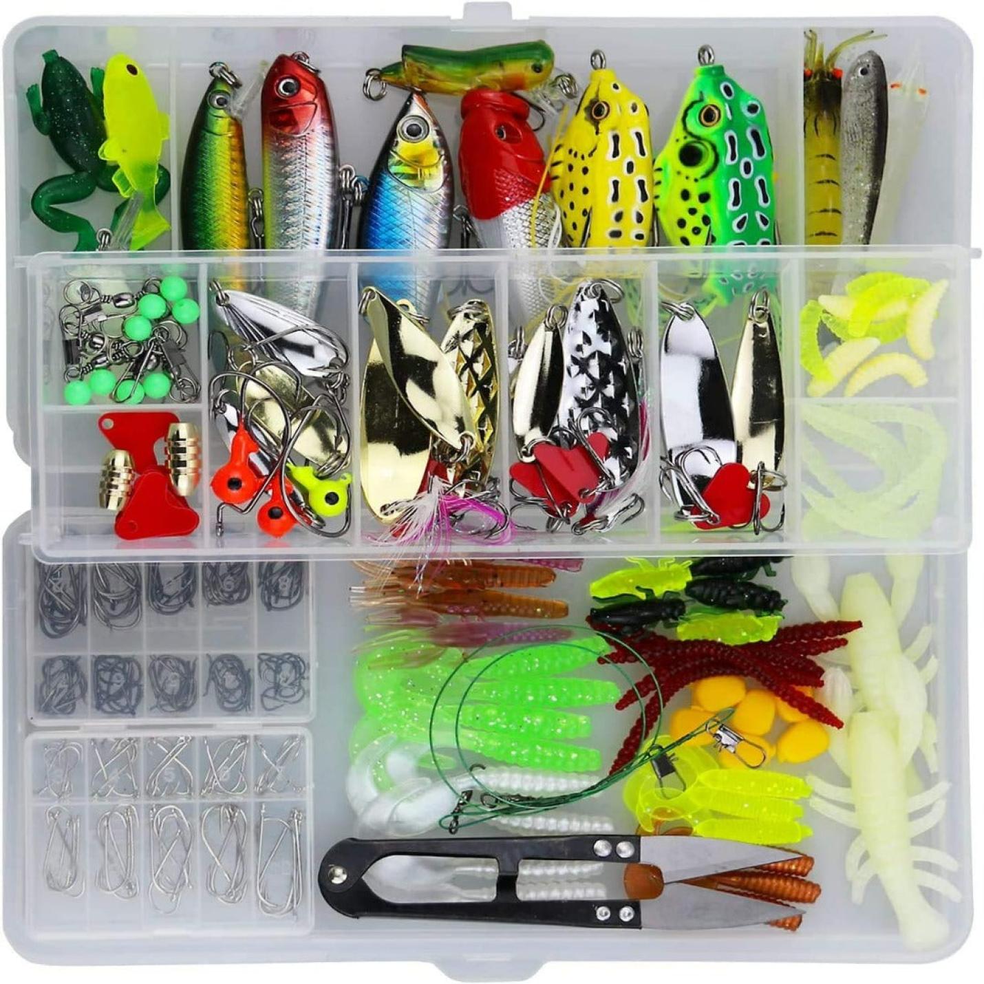 "235 stuks vissen lokken kit met verschillende soorten aas, inclusief crank aas, spinner aas, zachte plastic wormen, lokken vissen jigs en haken