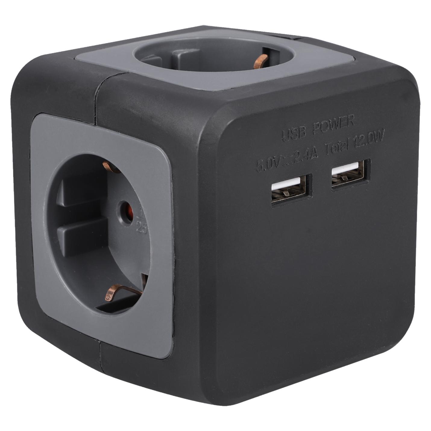 powercube 4voudig + usb zwart
