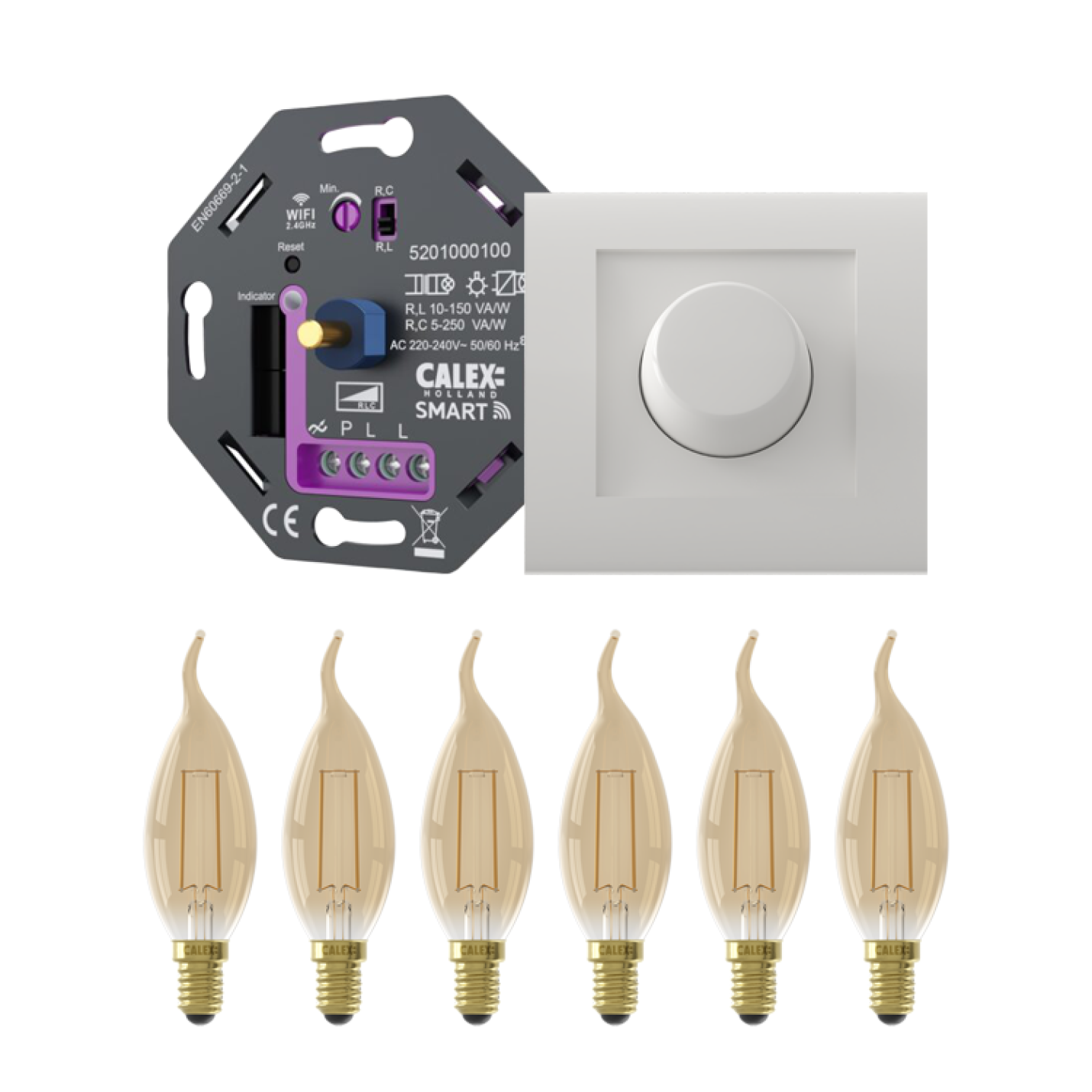 Combinatie Smart dimmer met 6 x E14 calex tip-kaars + afdekplaatje