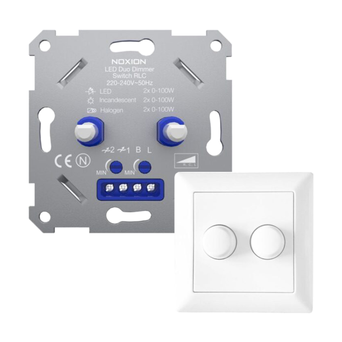 Noxion Duo LED Dimmer Schakelaar RLC 0-100W 220-240V met duo afdekplaat