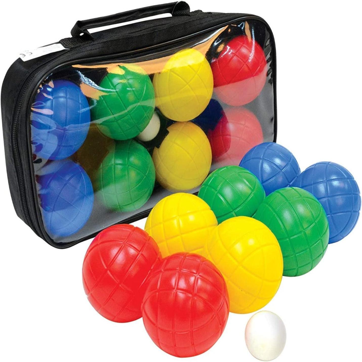 Set voor jeu de boules met 4 kunststof ballen, 1 doelbal en een hersluitbare draagtas voor eenvoudig transport.