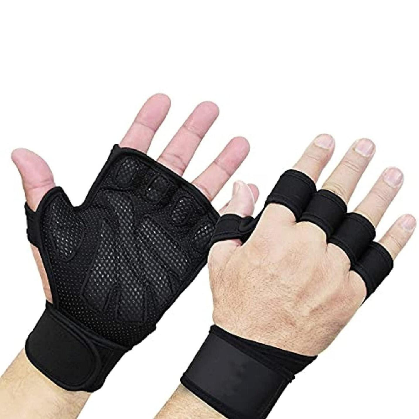 Gym workout gloves with padded leather and wrist wrap