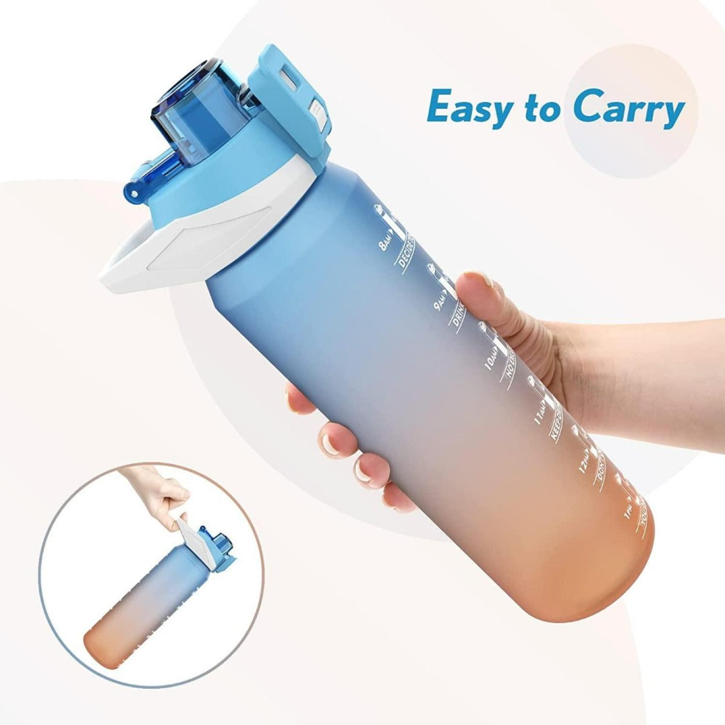 1-liter waterfles met tijdmarkeringen en motivatietekst, geschikt voor sporters en buitenshuis