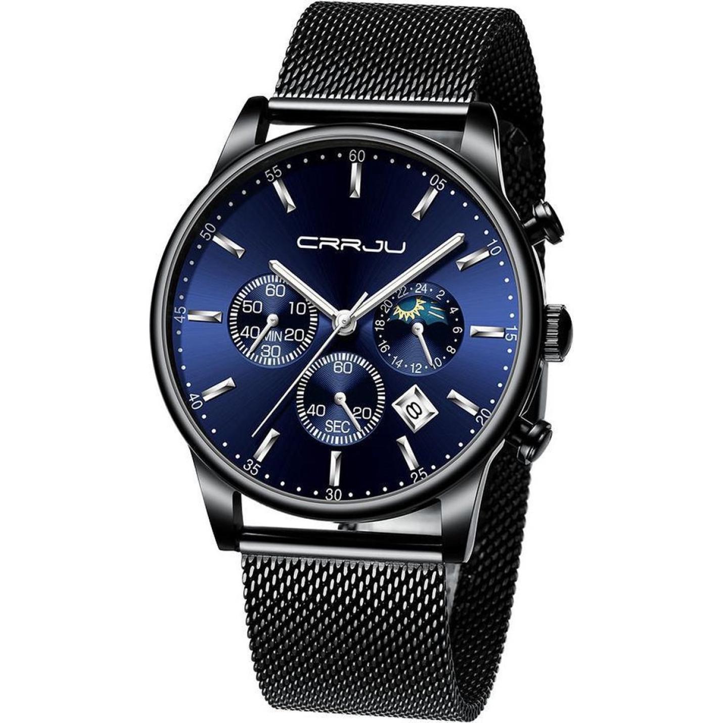 crrju-horloge-herenhorloge-zwart-blauw-zilver-staal-vooraanzicht