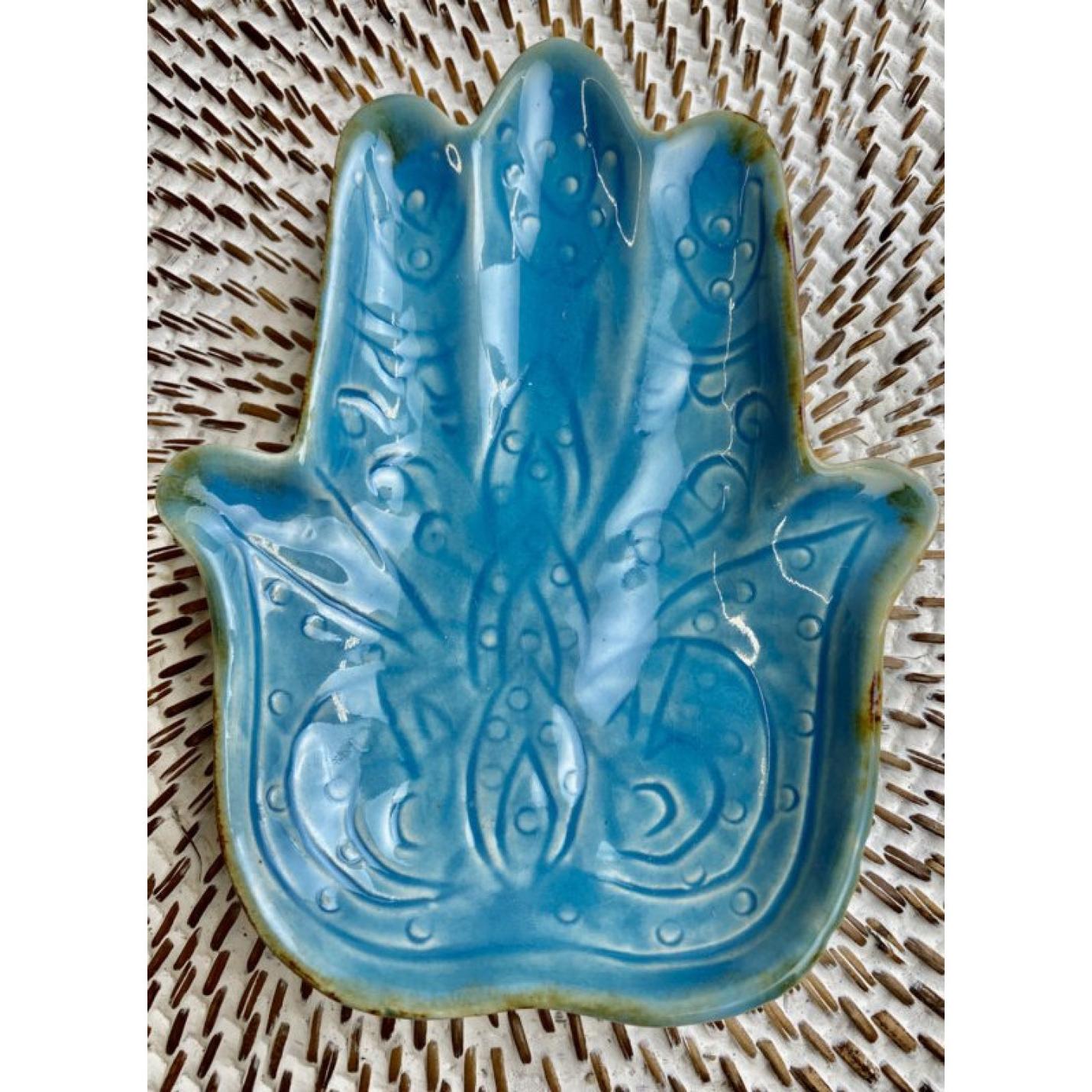 Schaaltje Hamsa hand Turquoise aardewerk 16.5x13cm