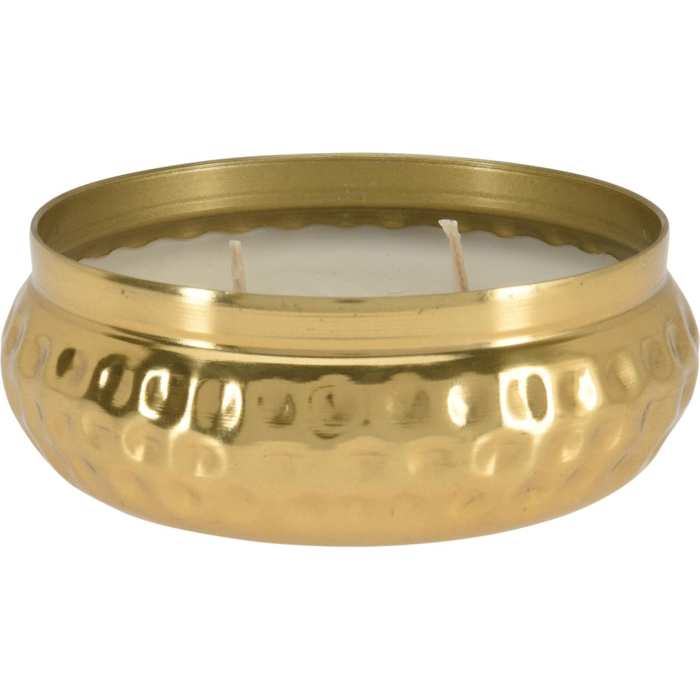 Kaars in gouden schaal 9.5 x 9.5 cm met 2 lonten