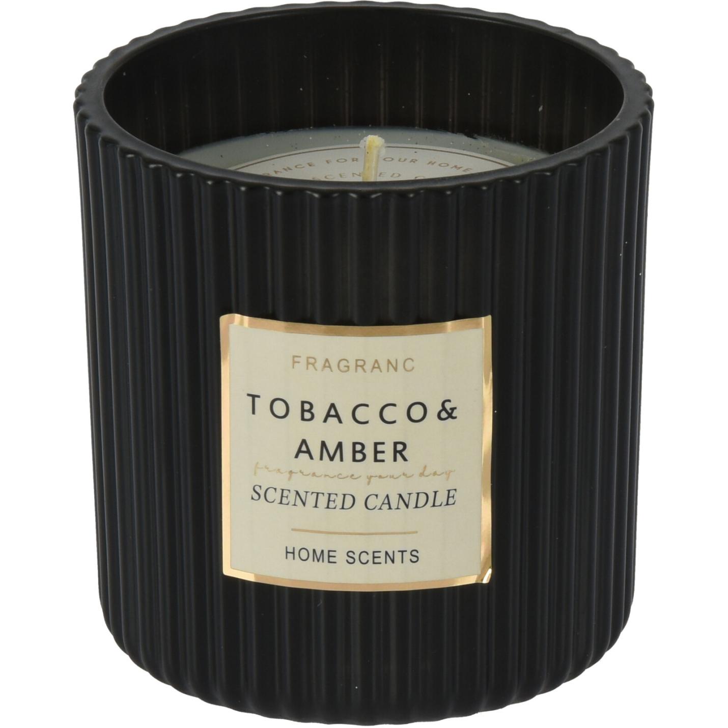 Geurkaars Tabacco & Amber in zwart ribbelglas