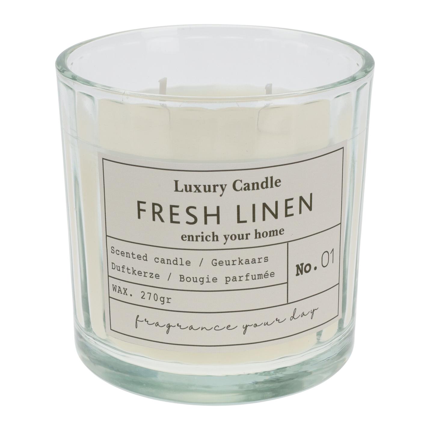 Geurkaars FRESH LINEN in glazen pot 10x10cm