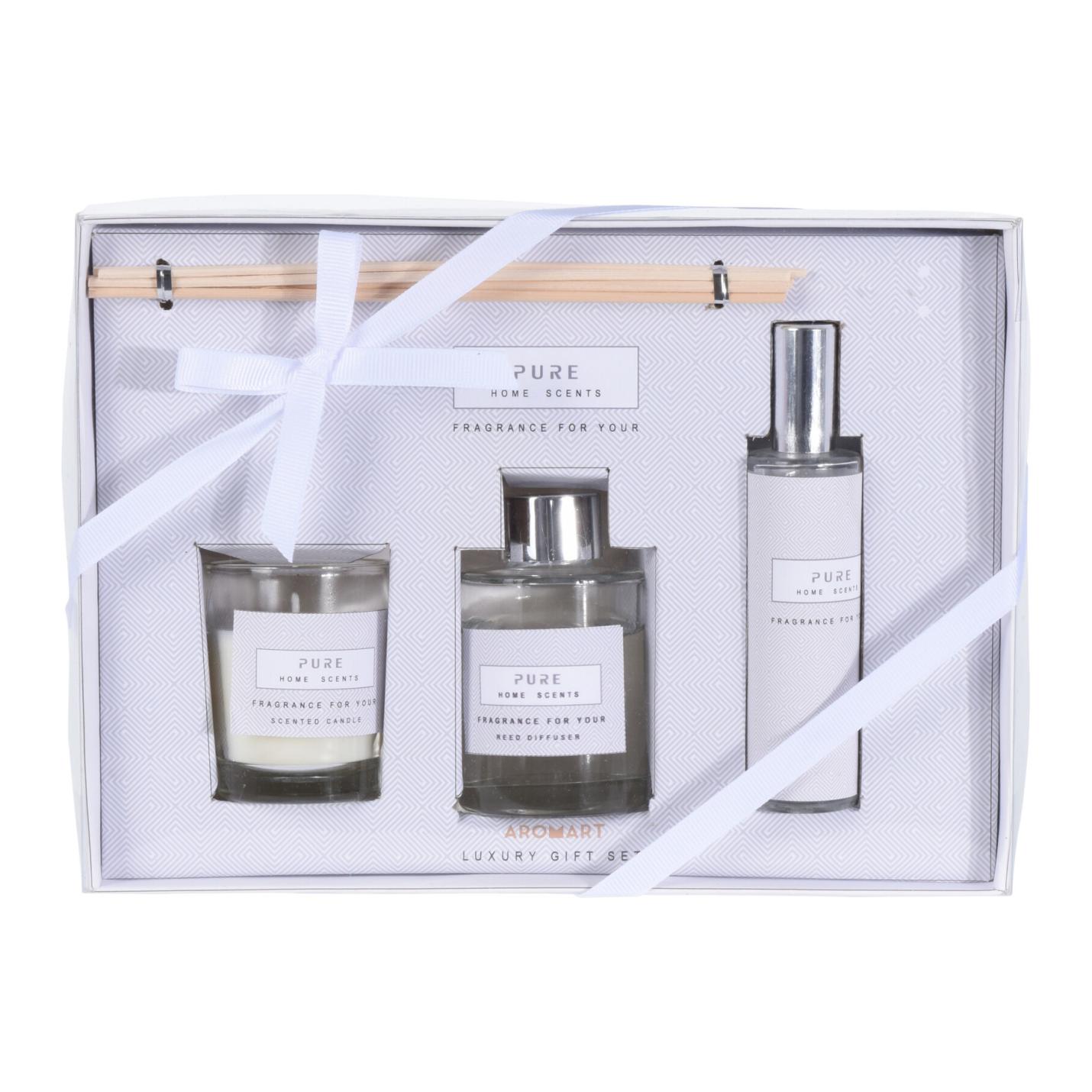 Cadeauset PURE met geurstokjes geurkaars en roomspray in stijlvolle cadeauverpakking
