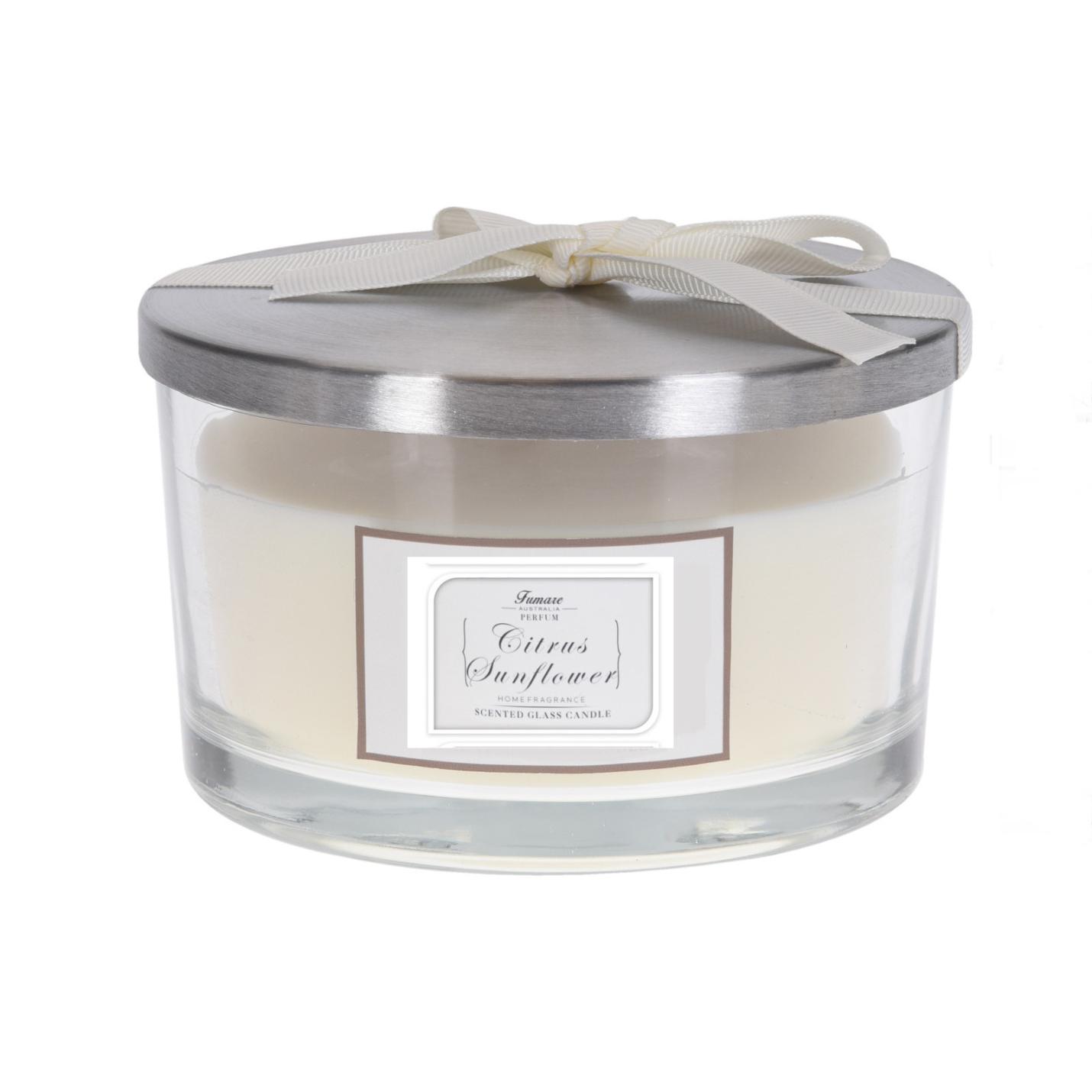 Geurkaars CITRUS SUNFLOWER in glazen pot met zilverkleurige deksel