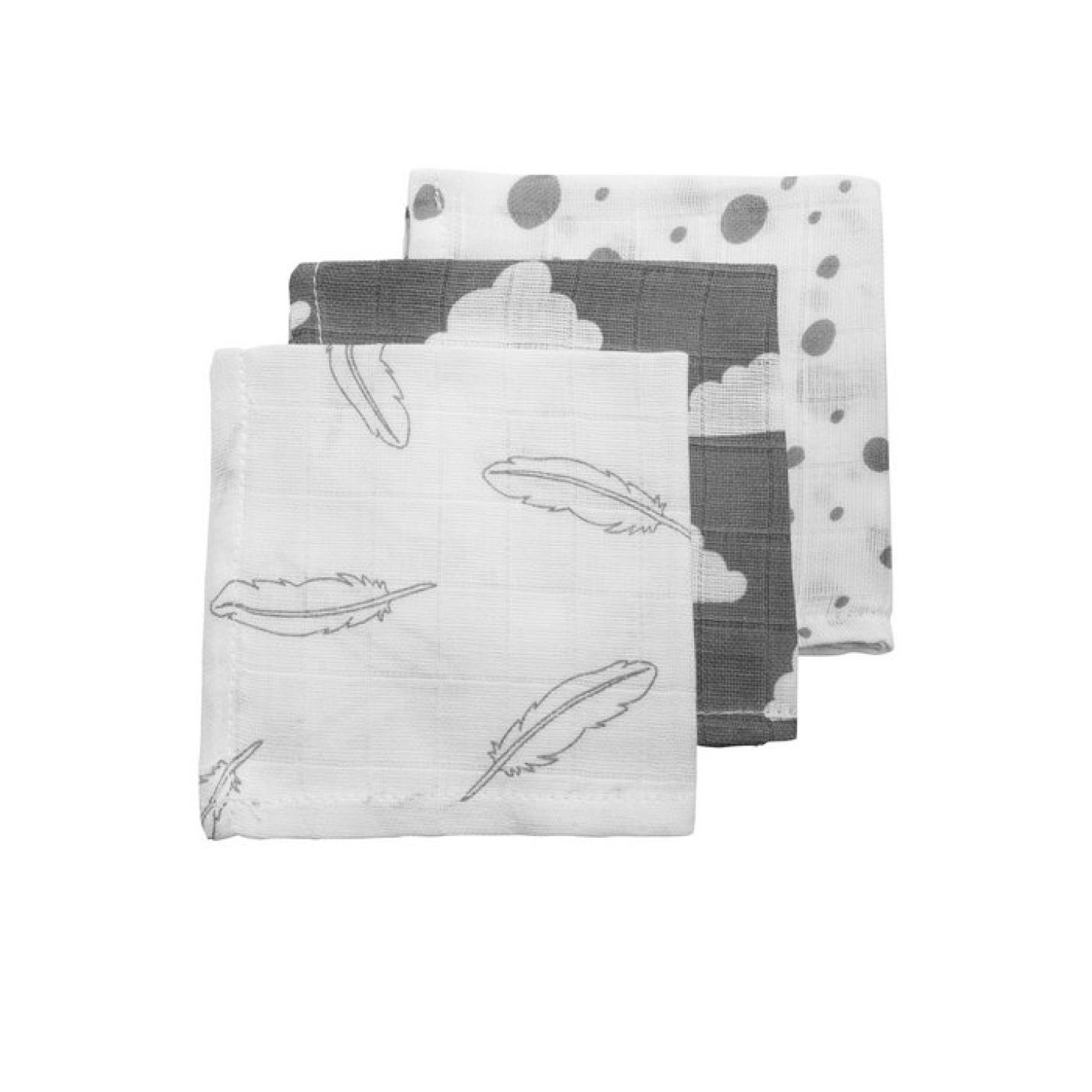 Meyco-baby-hydrofiel-Feathers-clouds-dots-30x30-3pack-Grey-NeoNurses