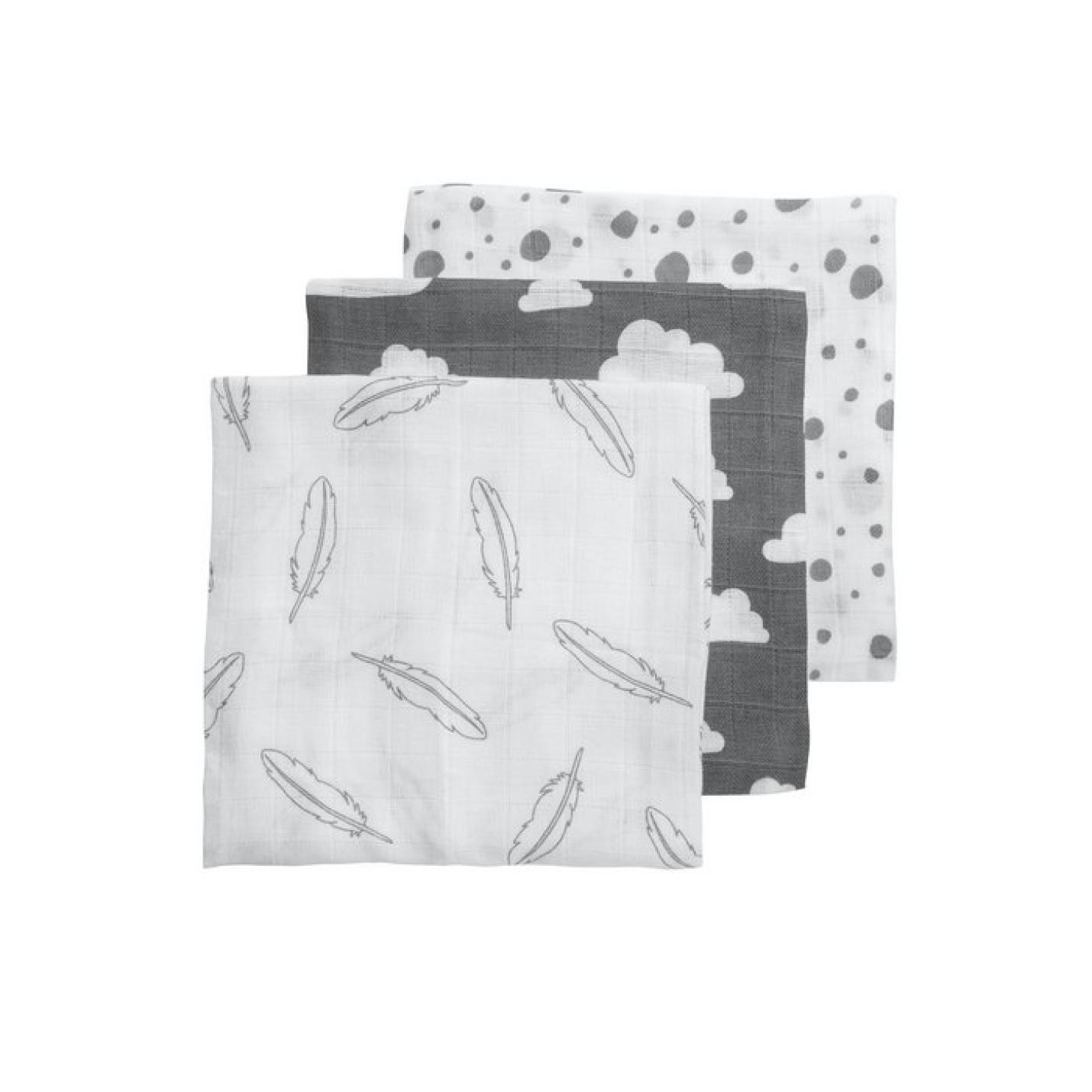 Meyco-baby-hydrofiel-Feathers-clouds-dots-70x70-3pack-Grey-NeoNurses