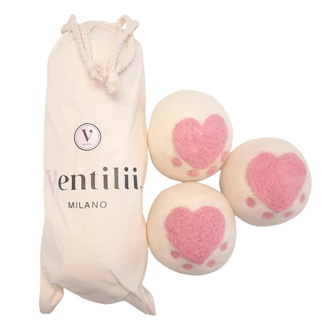 3 grote drogerballen van wol (7cm) met roze hartje - Ventilii Milano