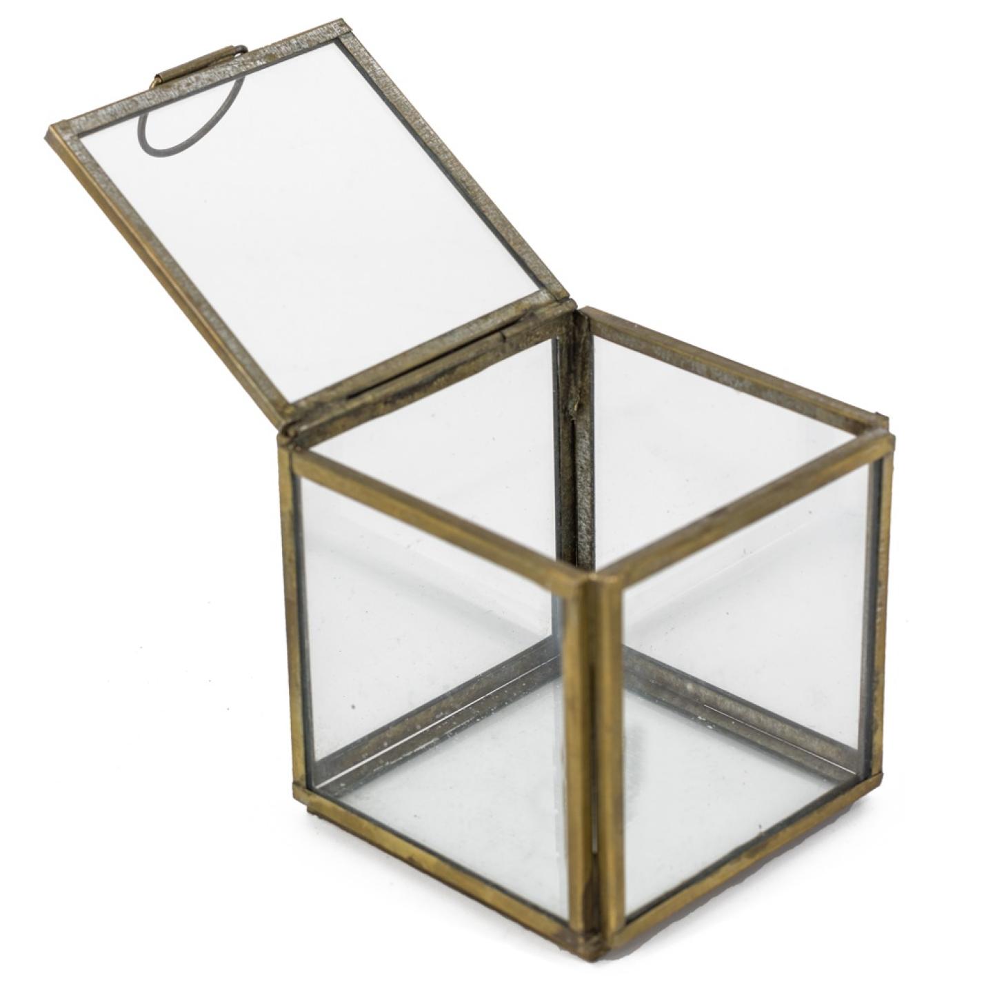 Glazen doosje 8x8x8cm vierkant goud met deksel - hb4875