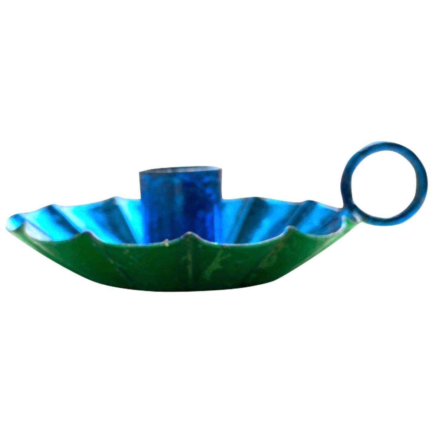 Kandelaar Flower kobalt blauw/groen metallic maat S en M - Maat M Ø 15cm