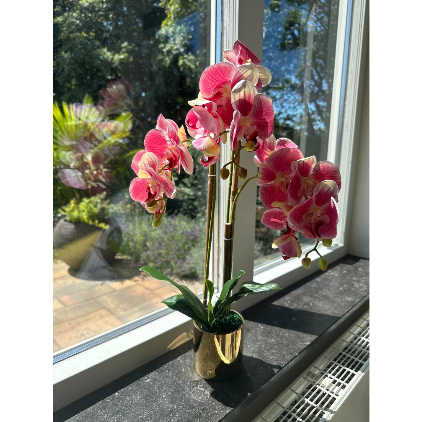 Orchidee Wit Roze Kunstbloem Met Gouden Pot  60 cm - Flora City nepplant kunstplant kopen