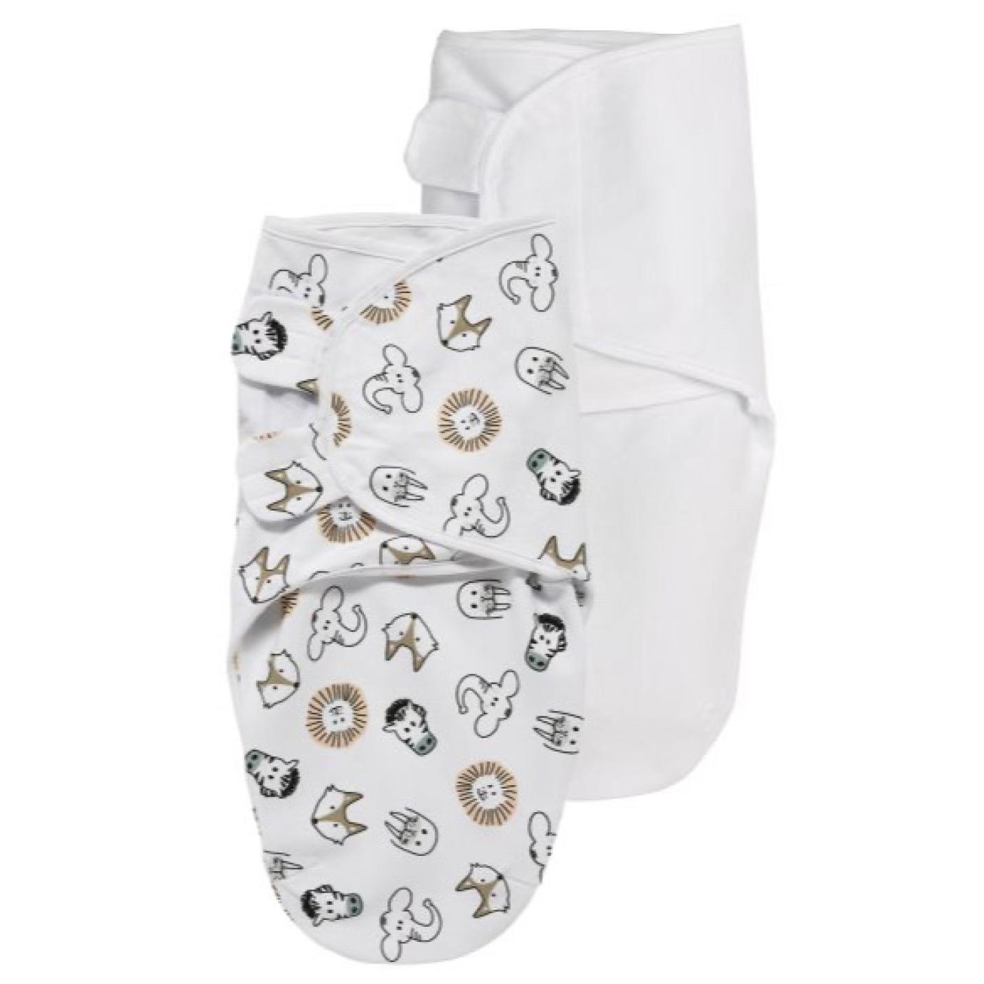 Swaddle Inbakerdoek Animals 2-pack inbakerdoek uni wit en inbakerdoek wit met diertjes zwart en bruin