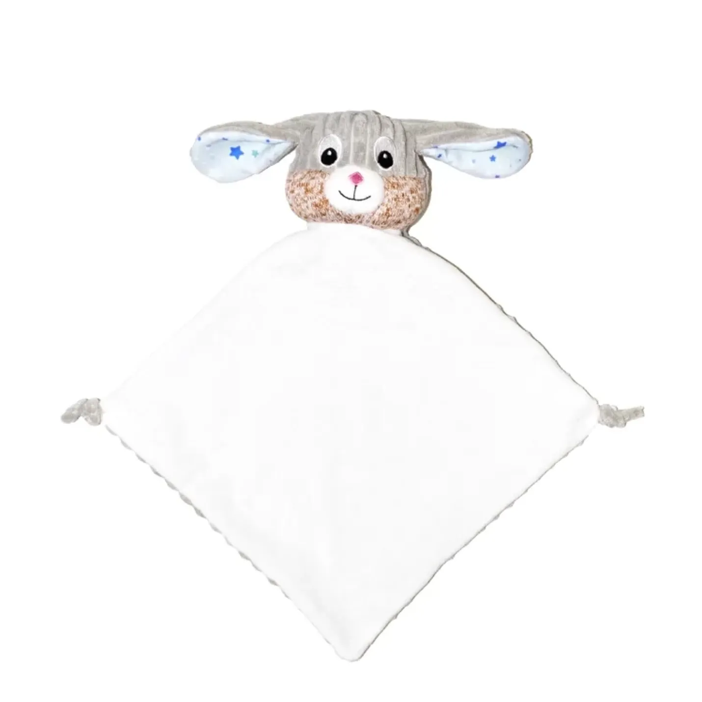 Knuffeldierdoekje Blauw is een wit en grijs rib achterkant doekje met knoop op punten en konijn hoofd roze sterren in oren en hoofd bruin en grijs