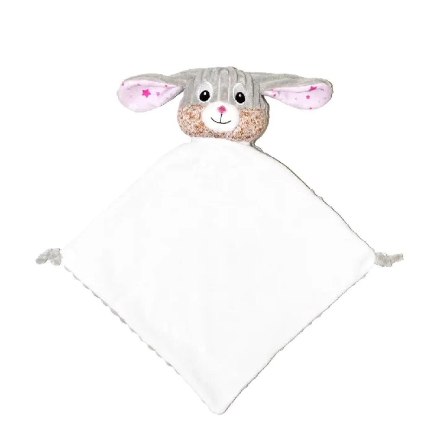 Knuffeldierdoekje Roze is een wit en grijs rib achterkant doekje met knoop op punten en konijn hoofd roze sterren in oren en hoofd bruin en grijs