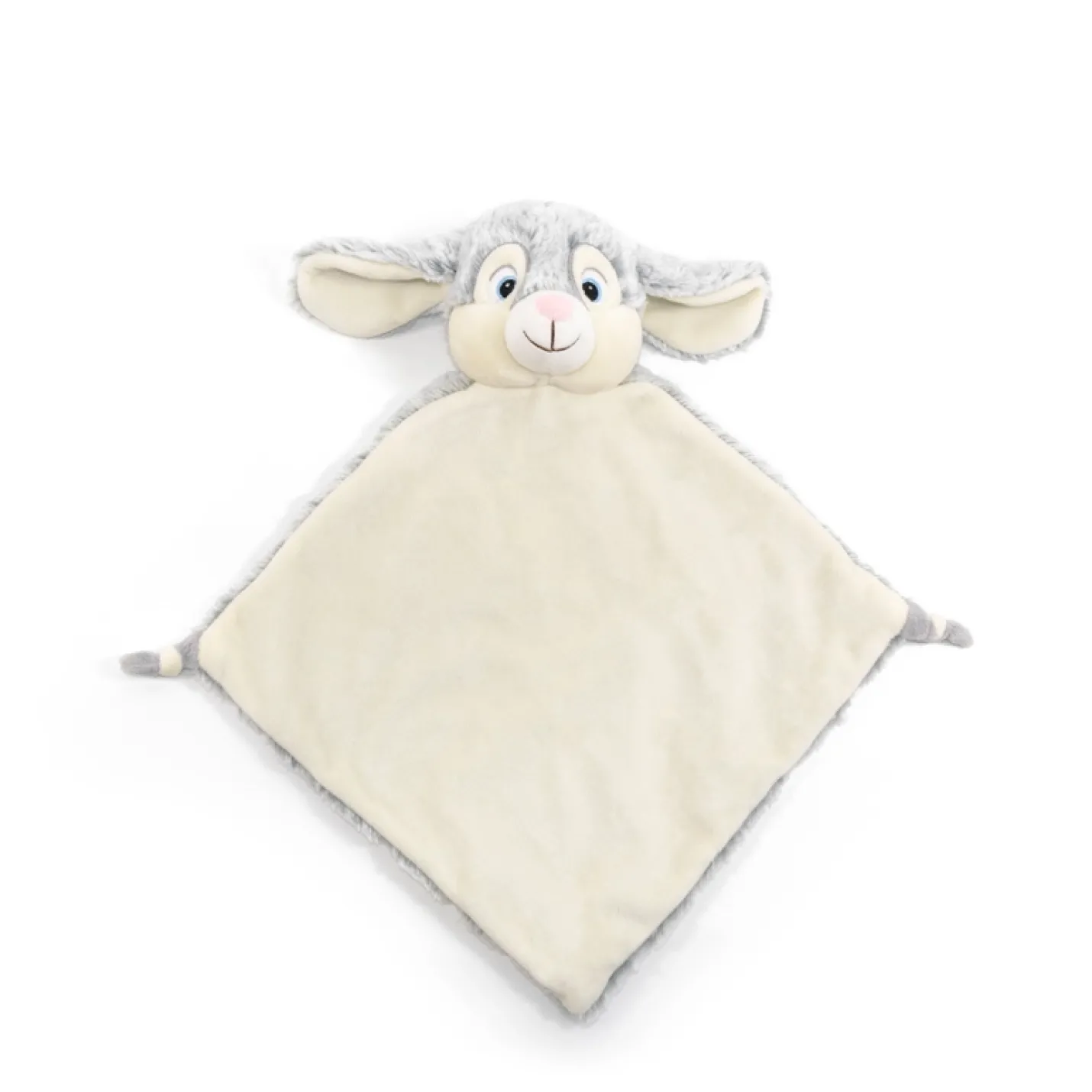 Knuffeldierdoekje Konijn is grijs vierkant voorkant wit punten een knoop en een wit/grijs konijnhoofd met grote oren