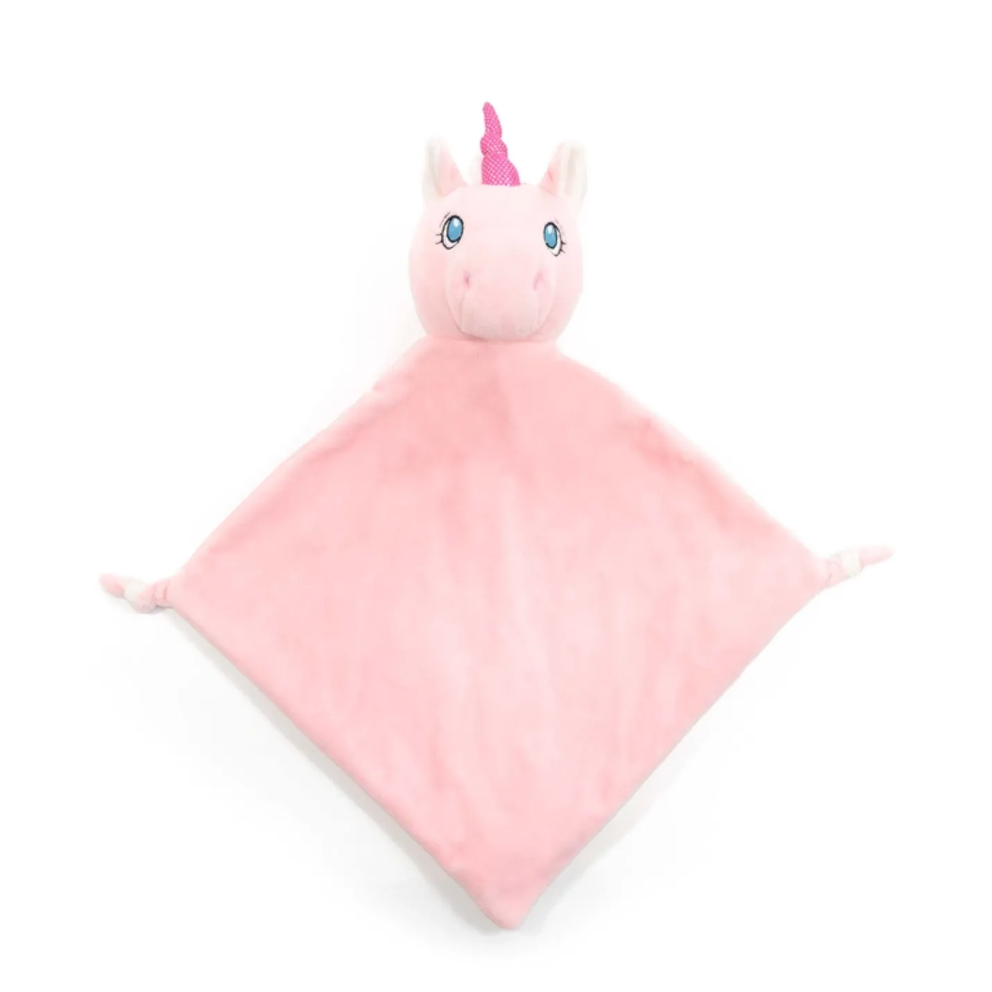Knuffeldierdoekje Eenhoorn is een roze doekje met knopen aan het uiteinde van de punten en een eenhoorn hoofdje erop met een glimmende roze hoorn en blauwe ogen