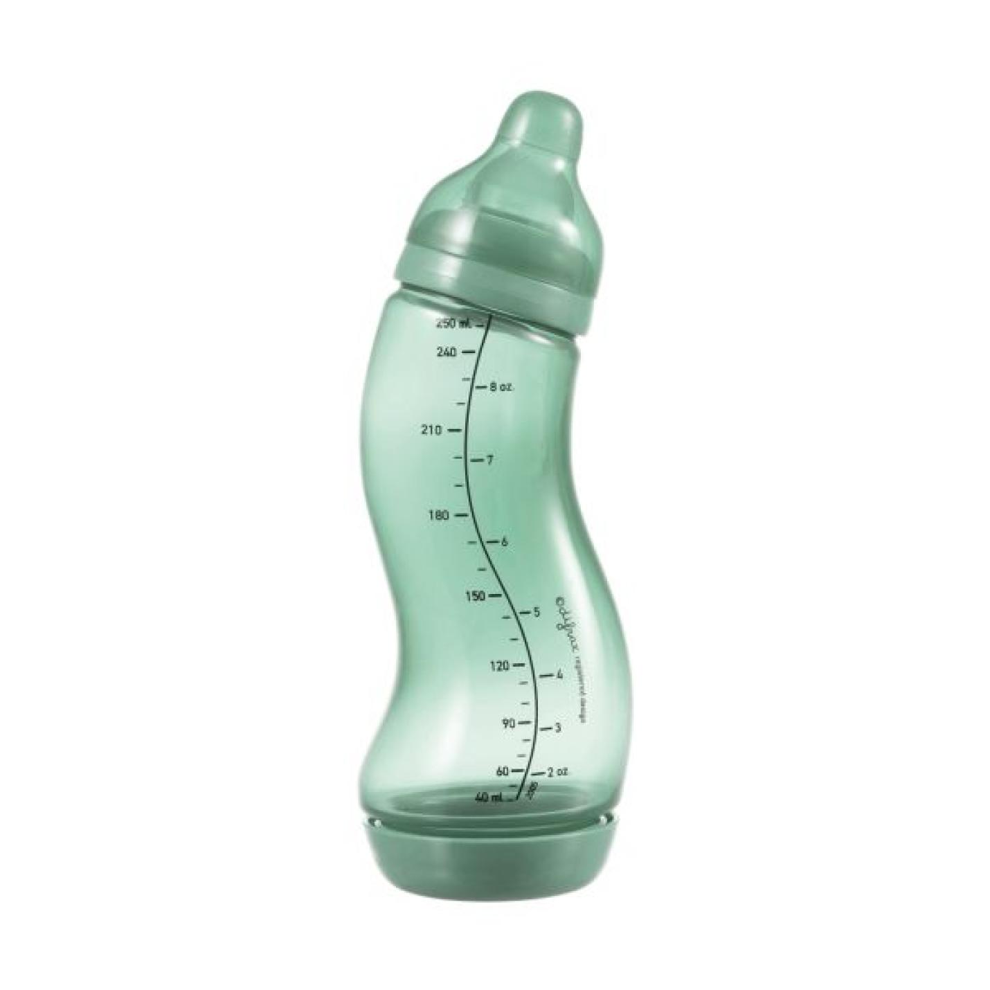 S-Fles Groen baby fles groen in s vorm met maatverdeling op fles en speen transparant erop schroefdop onderin