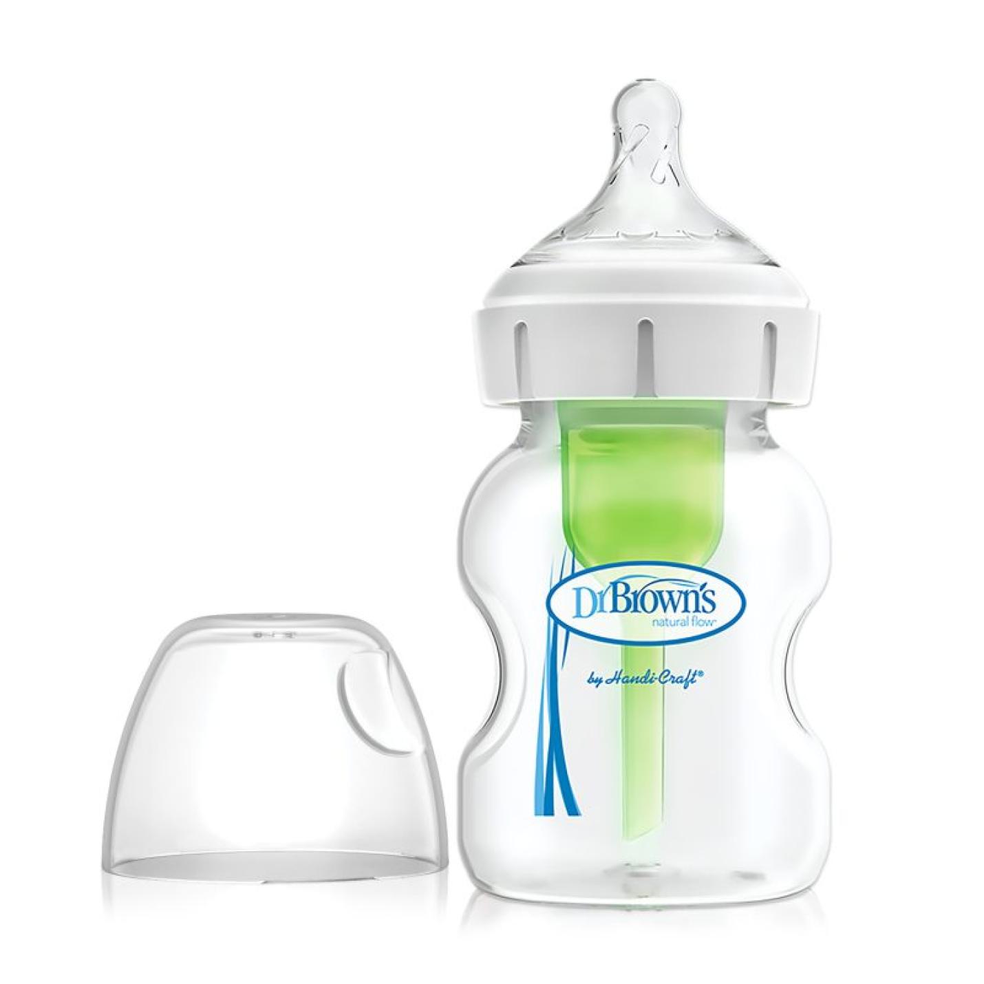 Brede Halsfles is een transparante brede baby fles met blauw logo van Dr.Brown's en groen ventiel/pijpje in de fles inclusief transparante speen in witte ring op hals fles