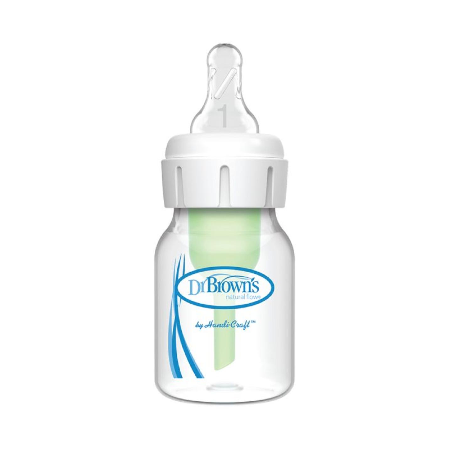 Smalle Halsfles 60ml is een transparante smalle baby fles met blauw logo van Dr.Brown's en groen ventiel/pijpje in de fles inclusief transparante speen in witte ring op hals fles