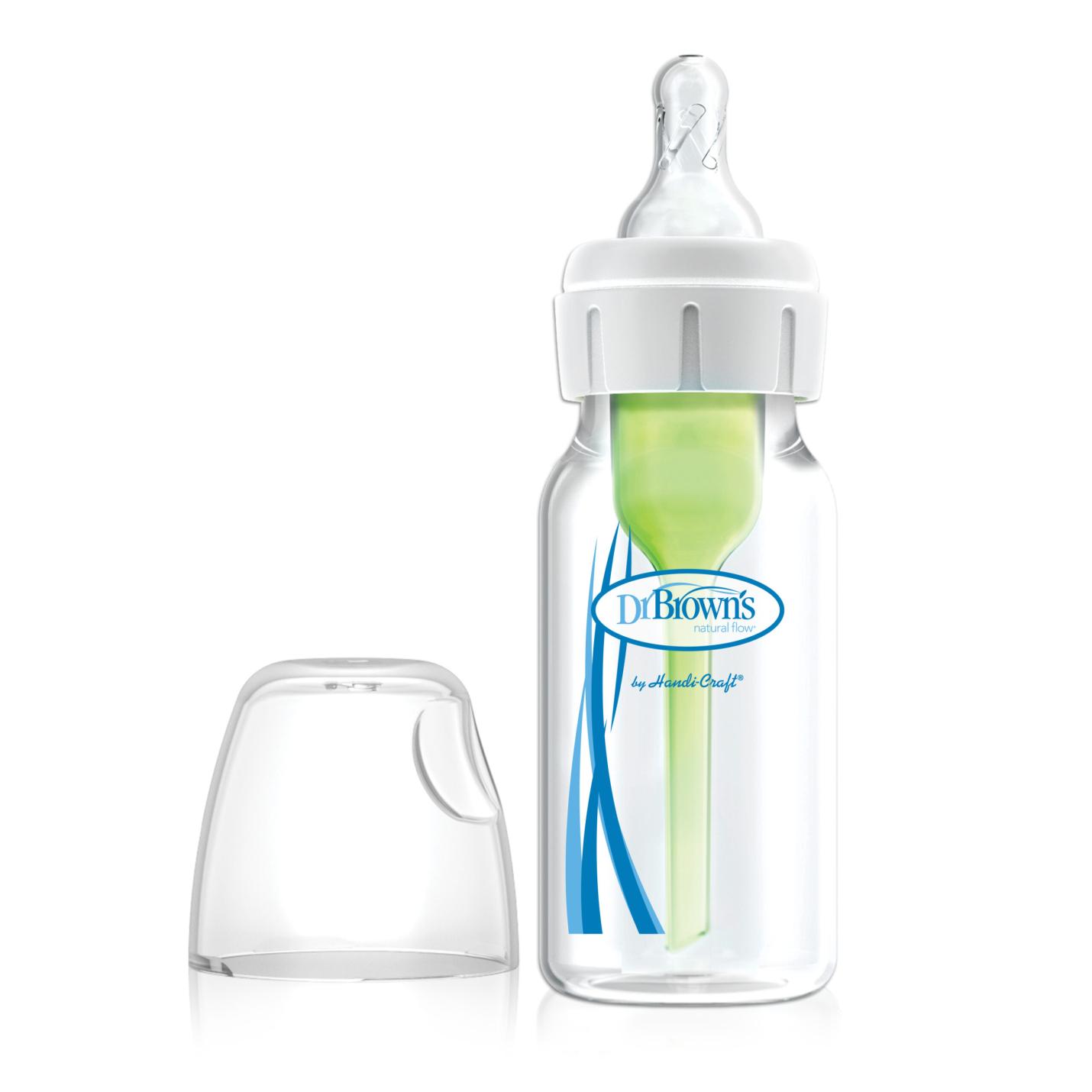 Smalle Halsfles 120ml is een transparante smalle baby fles met blauw logo van Dr.Brown's en groen ventiel/pijpje in de fles inclusief transparante speen in witte ring op hals fles