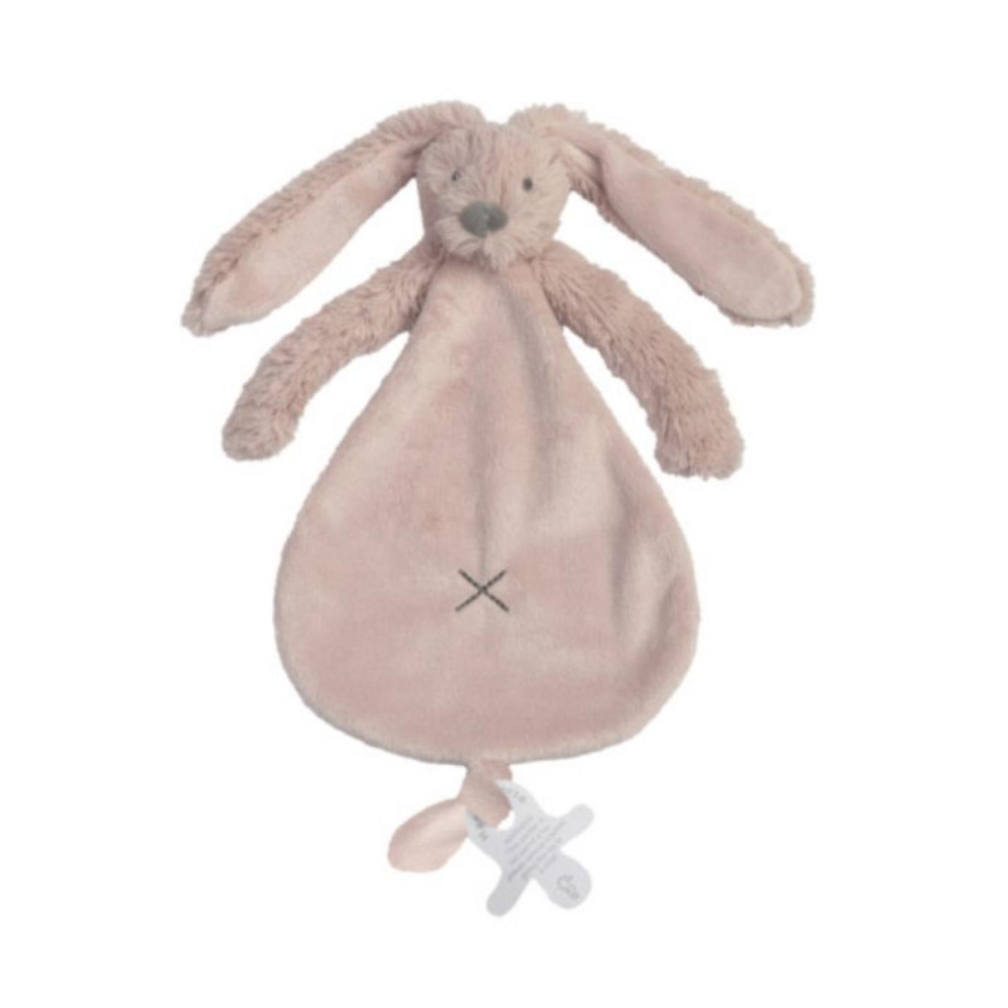 Knuffeldoekje Rabbit Richie Oudrozeis een stoffen plat goed doekje in vorm van peer met konijnkopje erbovenop lange oren en armpjes onder het hoofdje met onderaan lus voor speen