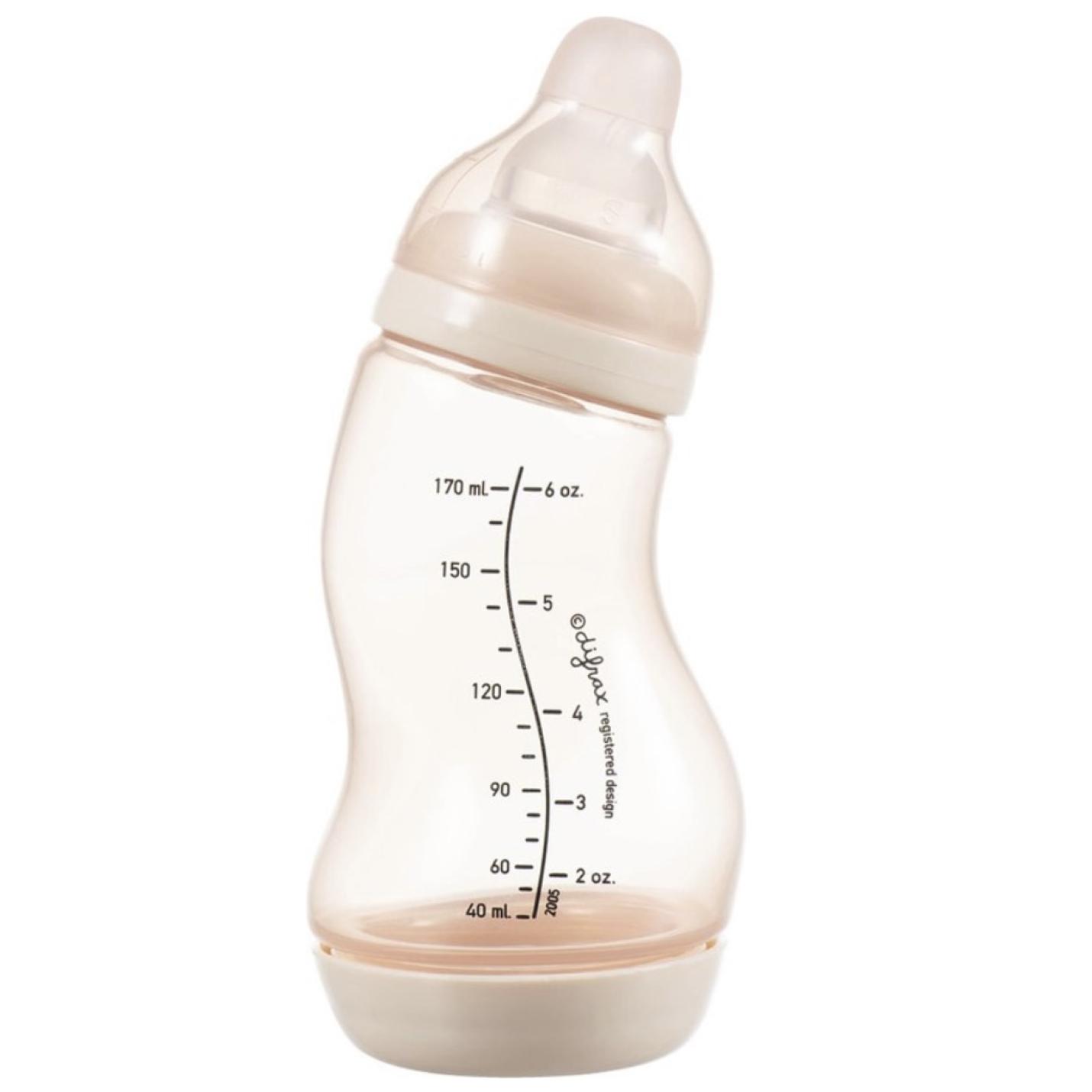 S-Fles Roze baby fles roze in s vorm met maatverdeling op fles en speen transparant erop schroefdop onderin