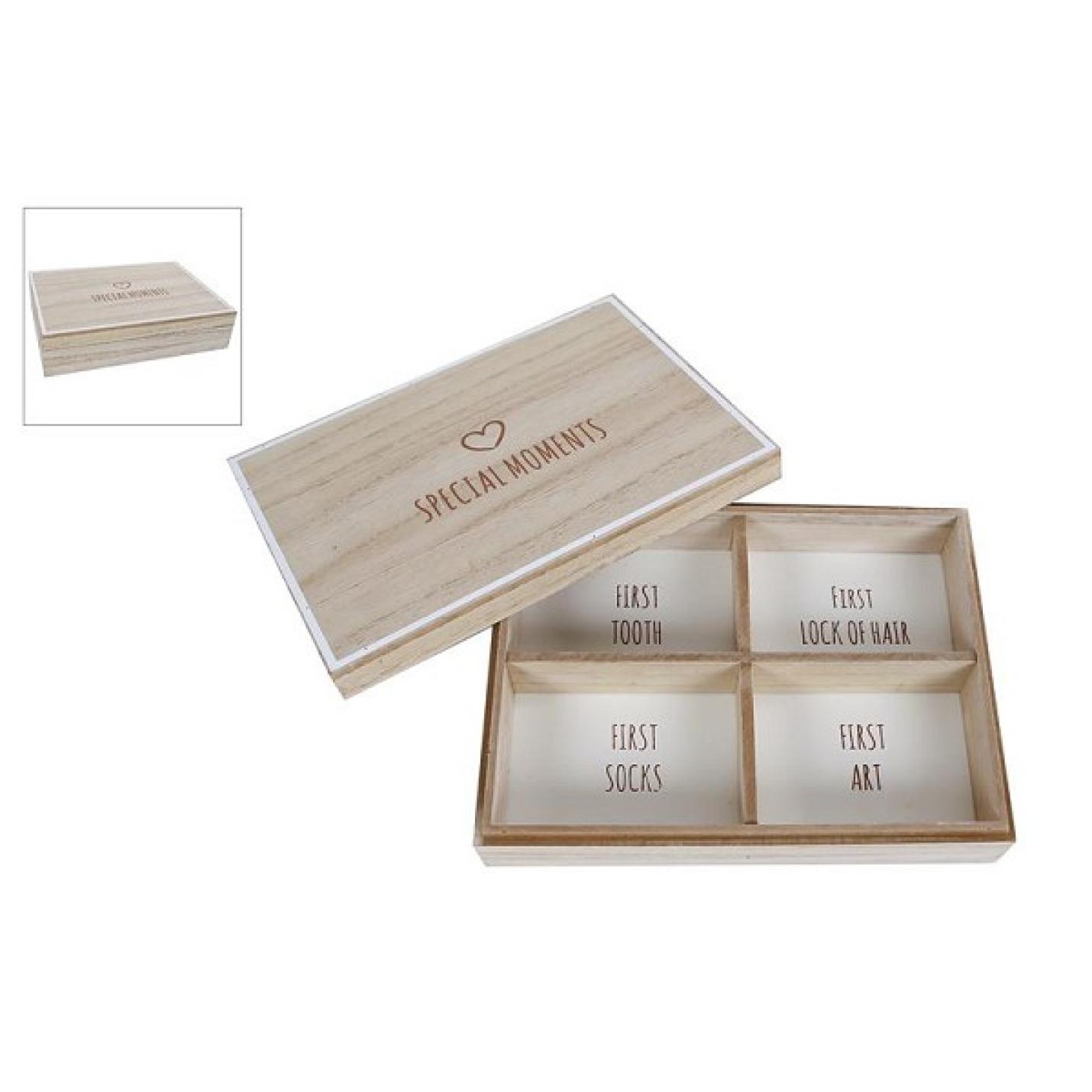 Opbergdoosje hout vierkant doosje met 4 vakjes met wit papiertje erin en 1 houten deksel met witte rand