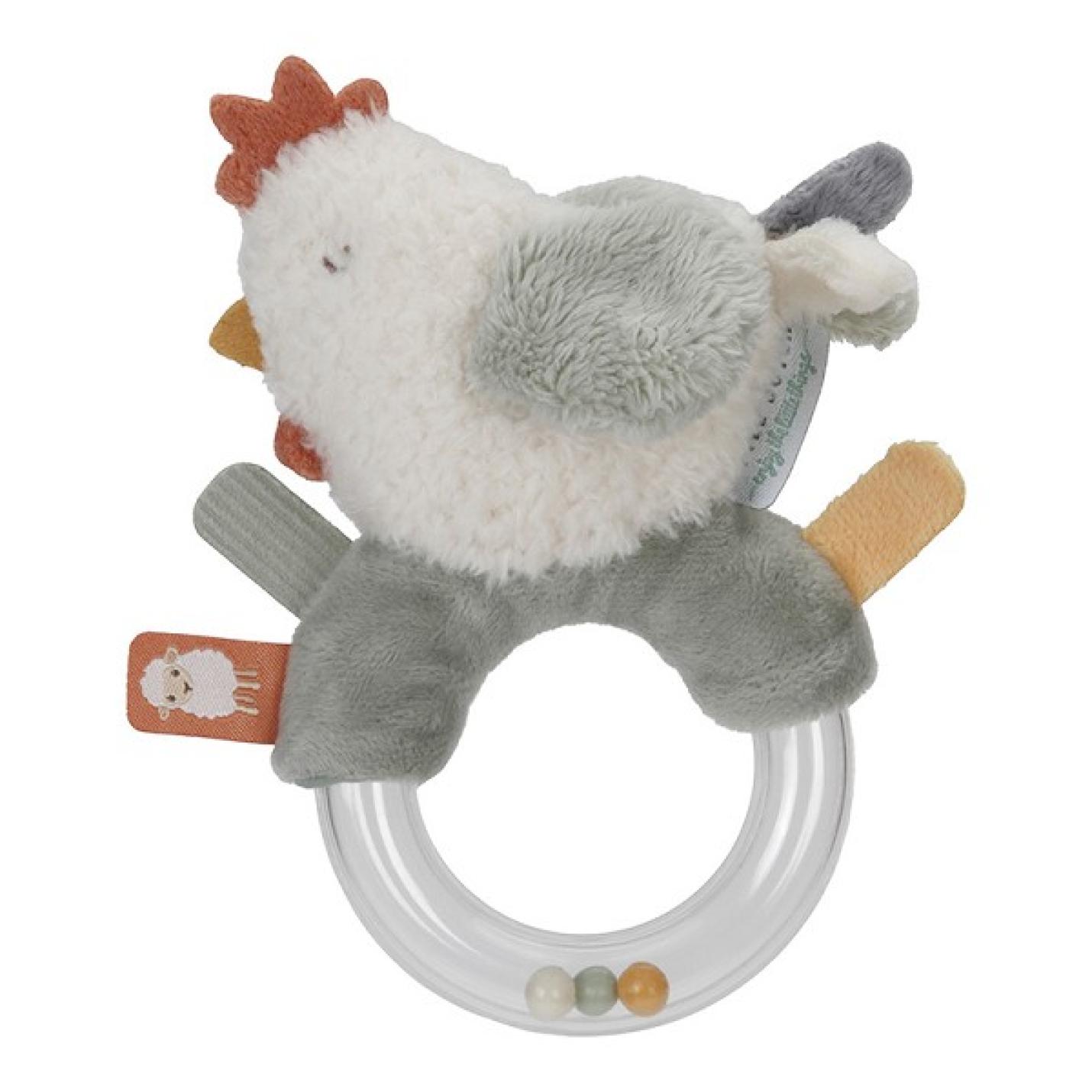 Ringrammelaar kip met plastic ring met 3 kralen erin en een kip van wit grijs en rood zit aan de ring