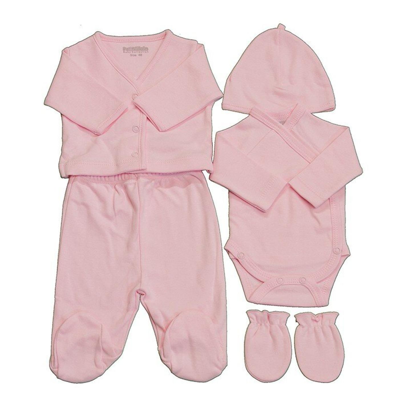 Kledingsetje Prematuur Roze is baby muts, broek, wantjes, romper en vestje roze kleur