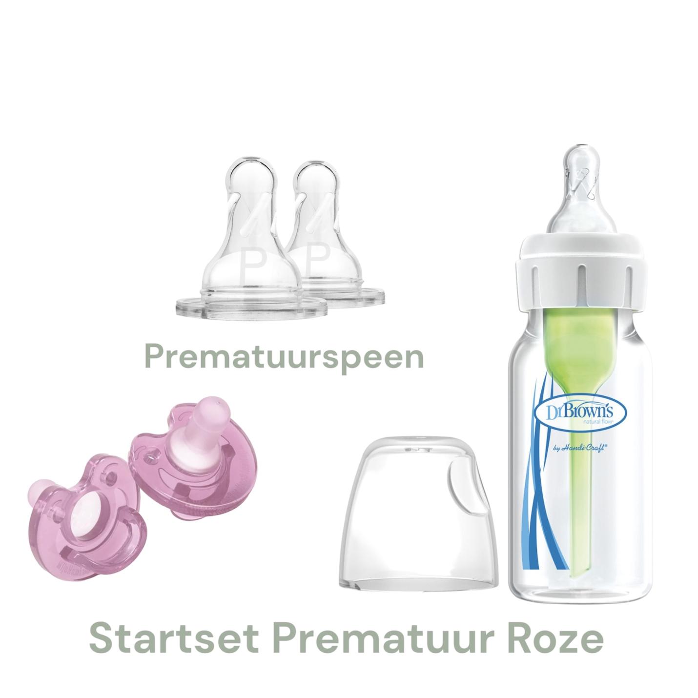 Startset Prematuur Roze Dr.Brown's fles 120ml Prematuren Speen en Mijnnami Fopspenen