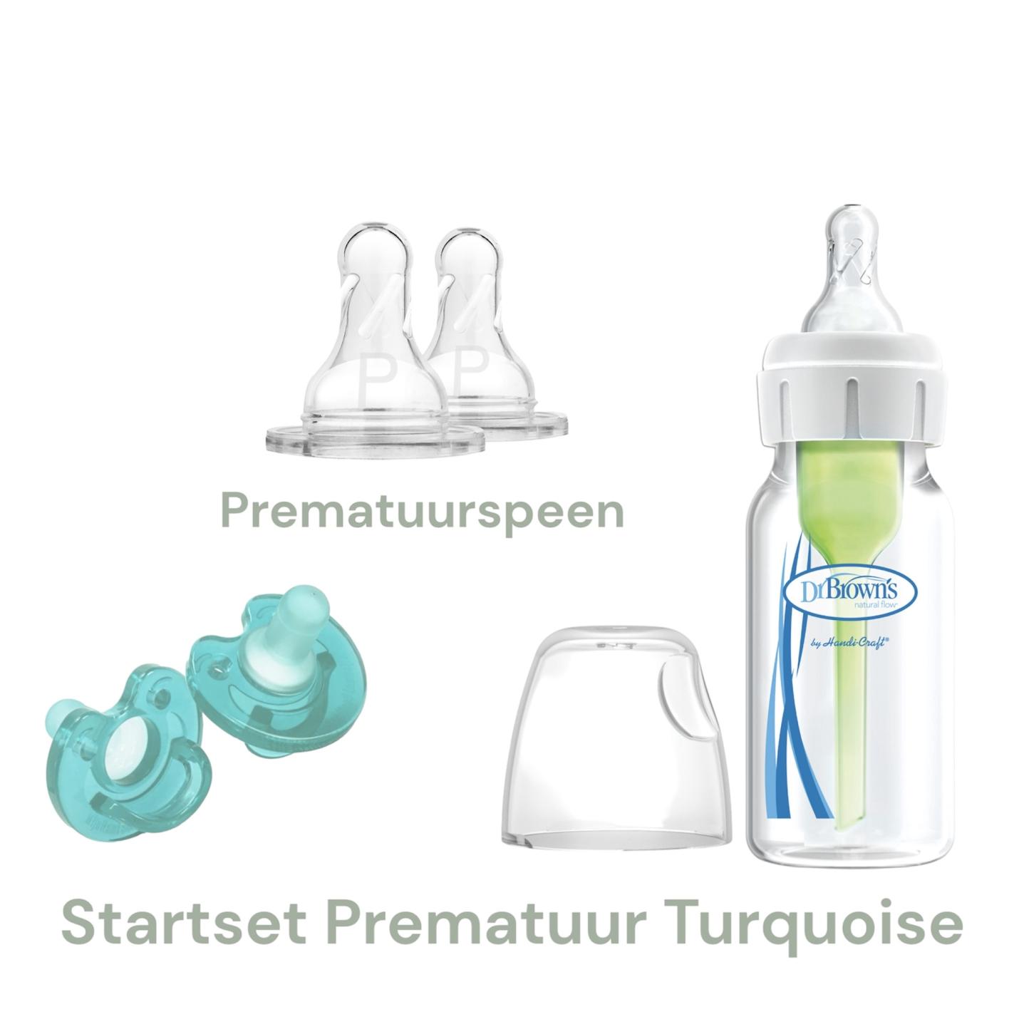 Startset Prematuur Turquoise Dr.Brown's fles 120ml Prematuren Speen en Mijnnami Fopspenen