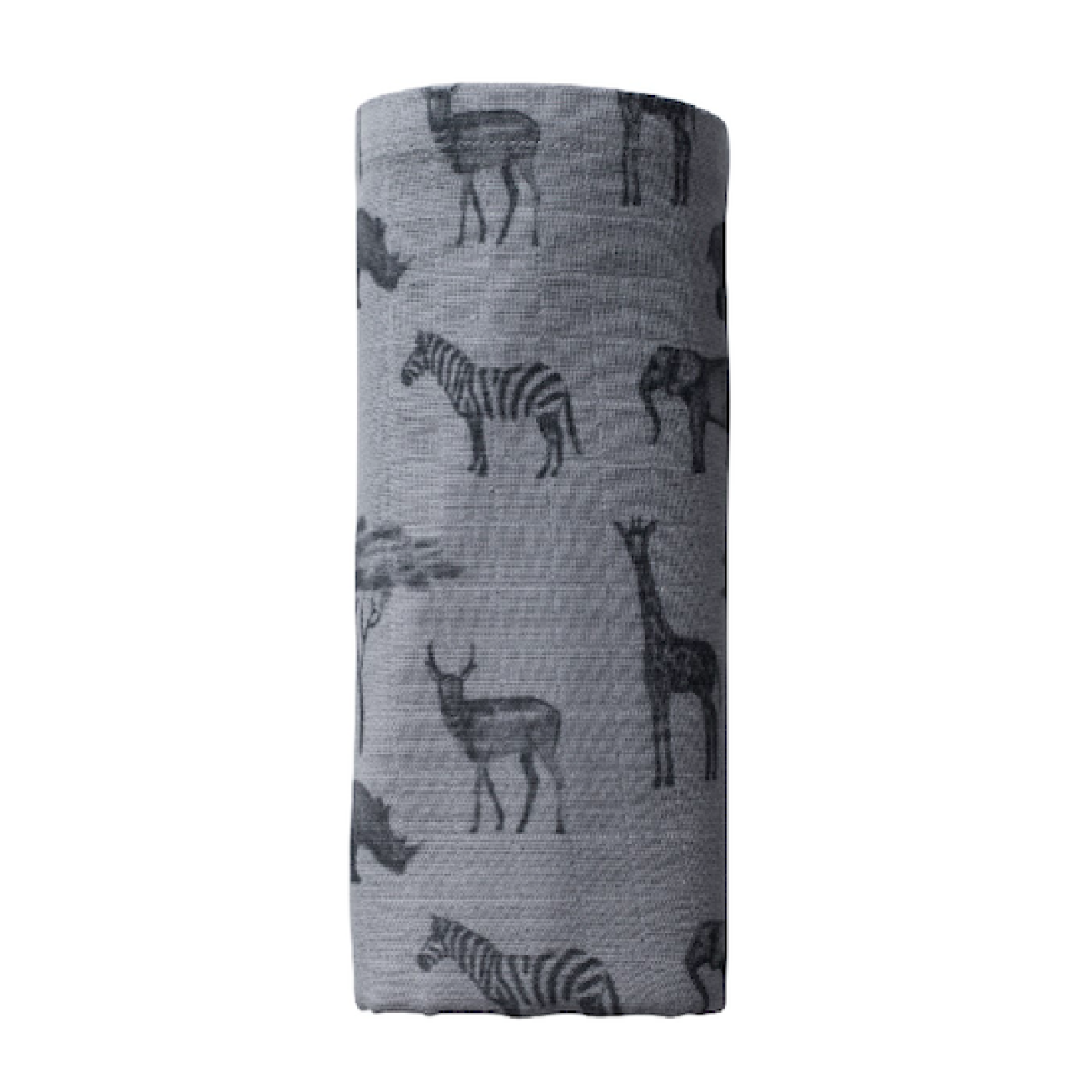 Wikkeldoek Safari is grijs vierkant met zwart afbeeldingen zebra, giraf, olifant, ree, neushoorn