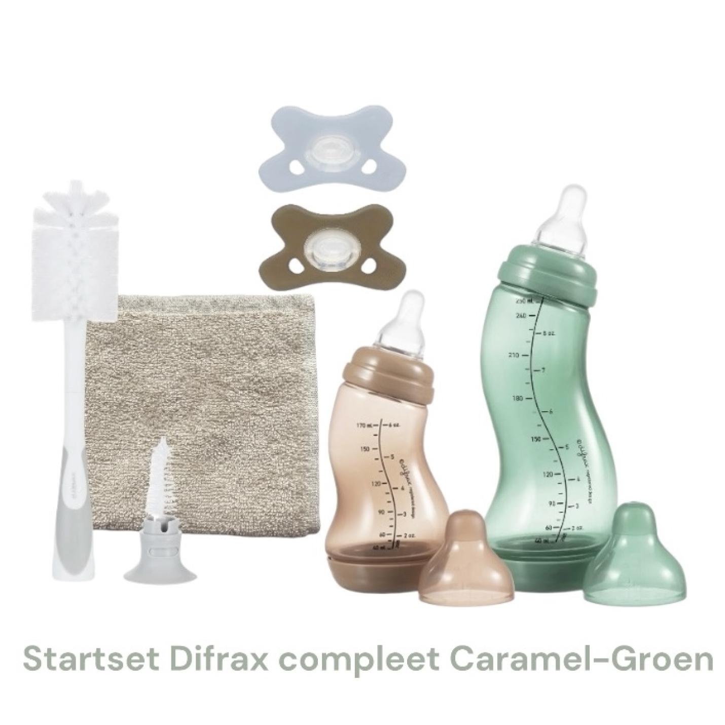 Startset Difrax Compleet CaramelGroen Difrax fles 170ml & 250ml siliconen fopspenen Difraxflesborstel en Spuugdoekje