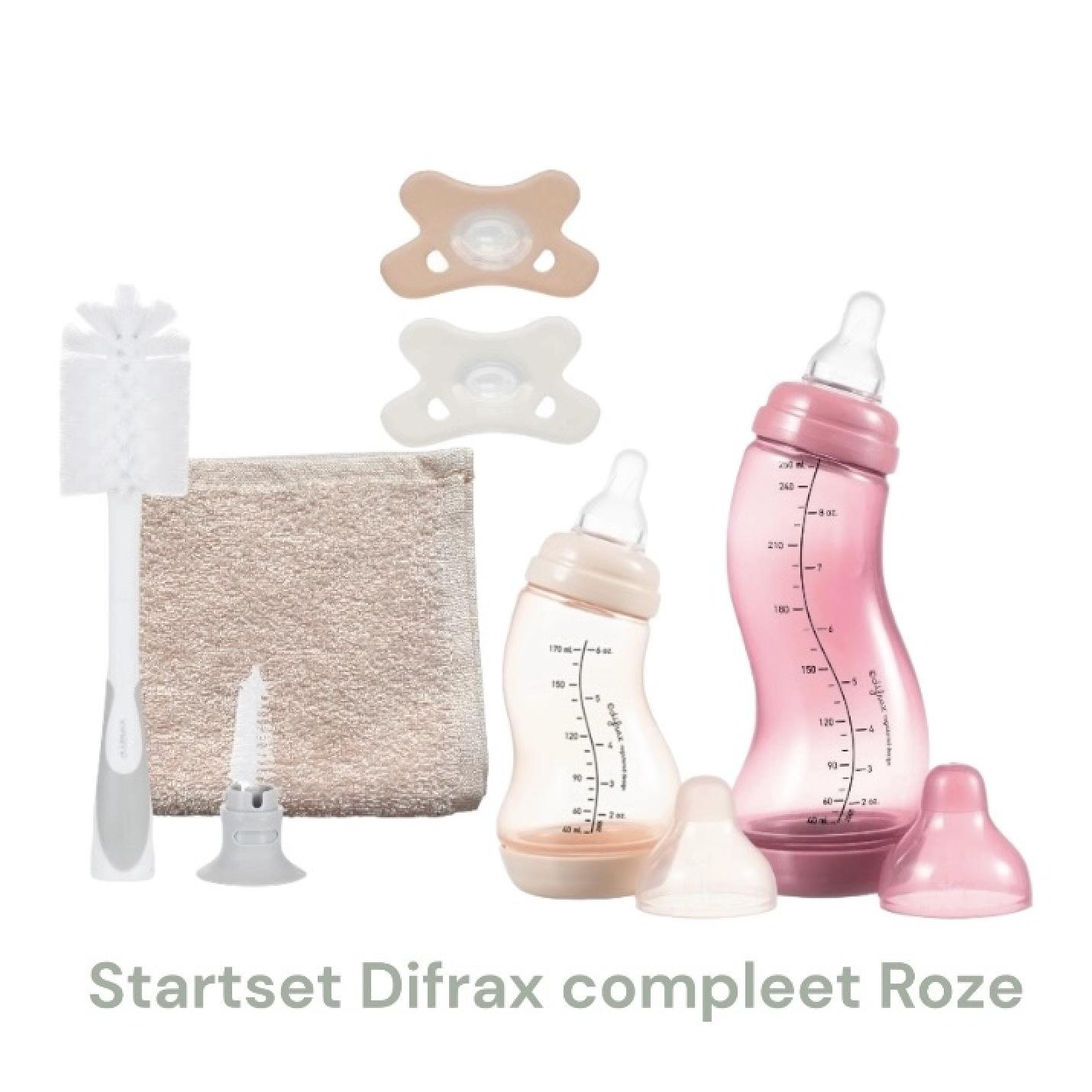 Startset Difrax Compleet Roze Difrax fles 170ml & 250ml siliconen fopspenen Difrax fesborstel en spuugdoekje