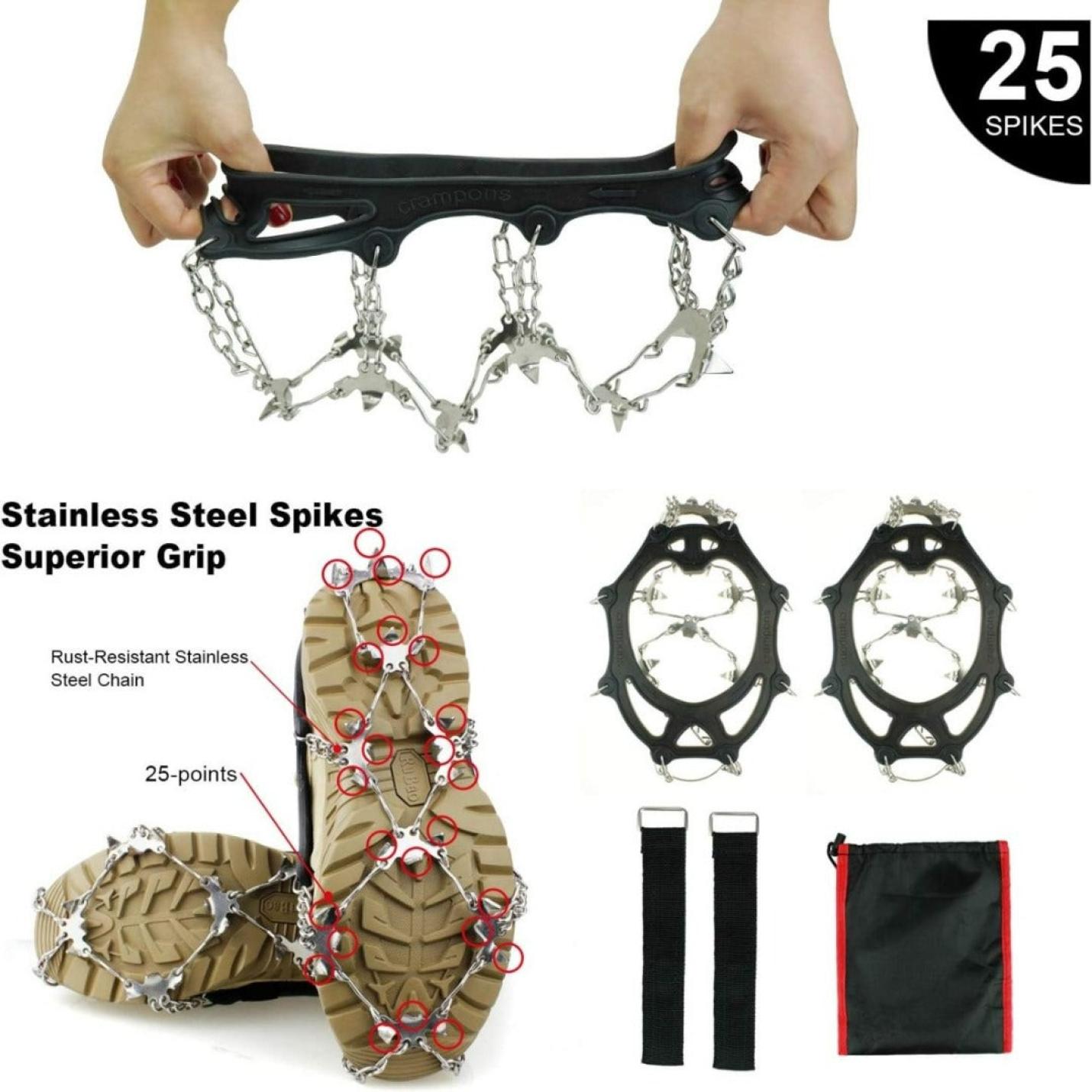 Een collage met Betrouwbare stijgijzers voor schoenen voor betere grip op schoenen, met gedetailleerde weergaven van de spikes, riemen en een draagtas.