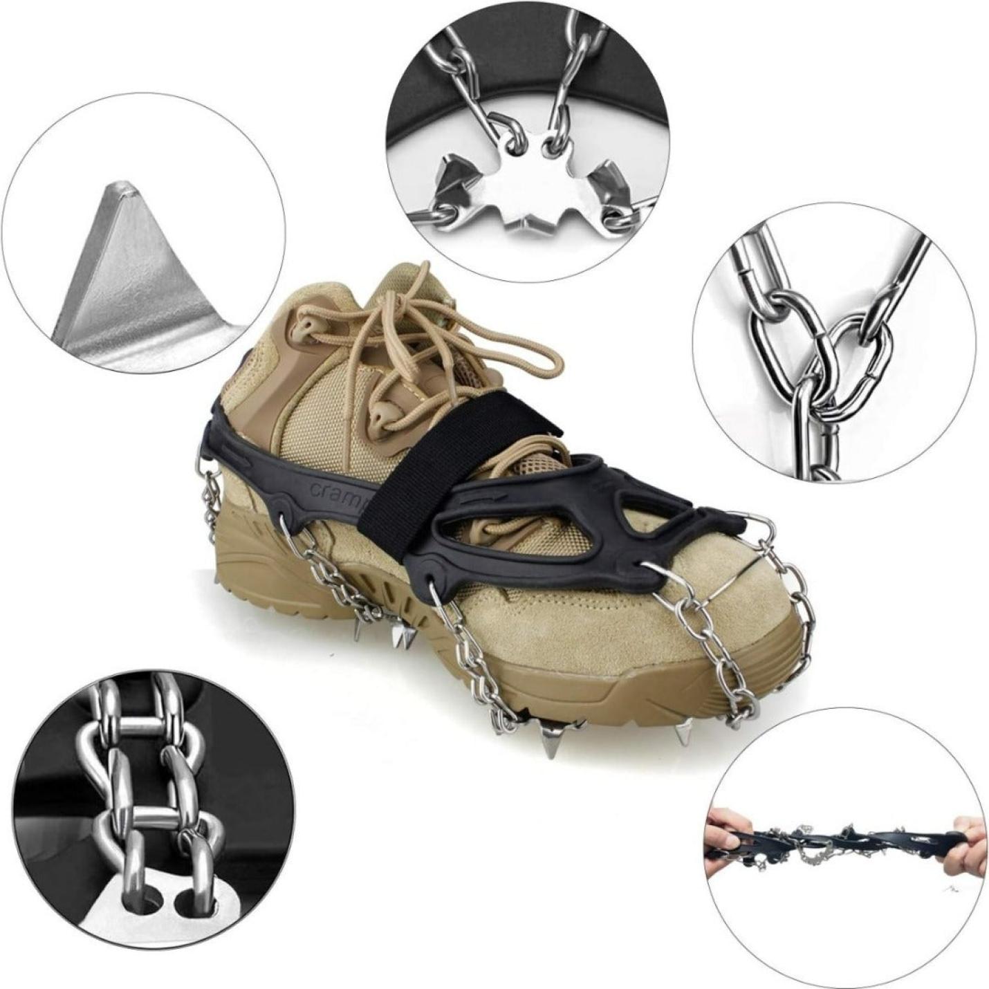 Betrouwbare stijgijzers voor schoenen, met aandacht voor verschillende kenmerken, zoals metalen kettingen en spikes voor optimale tractie op ijs en sneeuw.