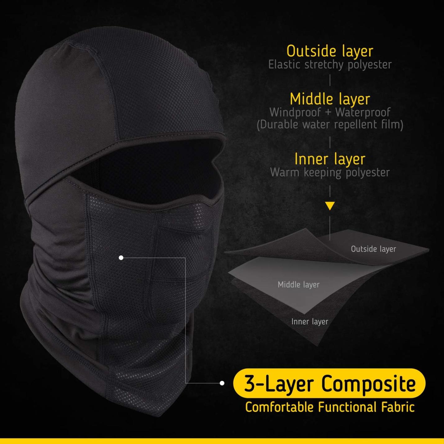 Diagram met de lagen van een bivakmuts, met nadruk op het rekbare polyester aan de buitenkant en het warme polyester aan de binnenkant, met waterdichte eigenschappen.
Blijf warm en comfortabel tijdens je winteractiviteiten met onze multifunctionele bivakmutsen.