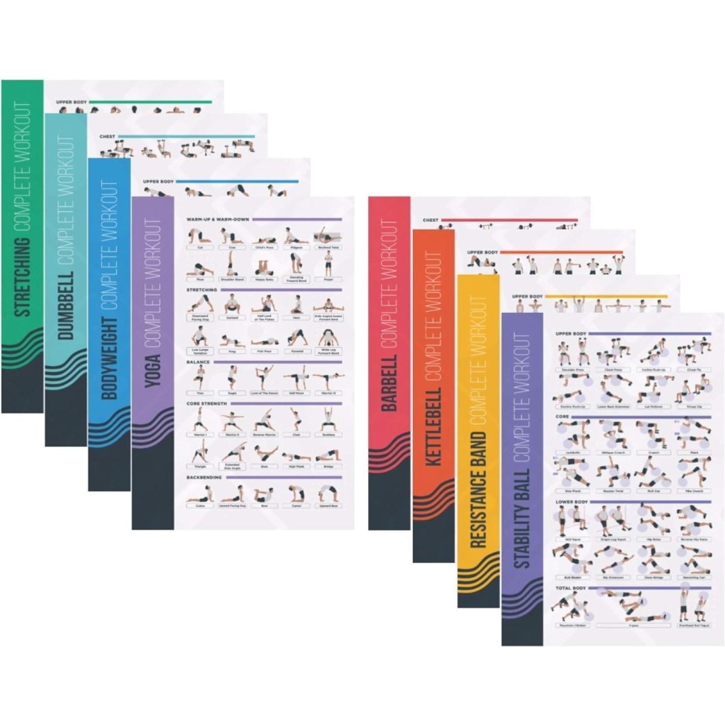 8 Pack Workout Oefening Poster Bundel - Halter, Barbell, Lichaamsgewicht, Yoga, Stretching, Stabiliteit Bal, Weerstandsbanden, Kettlebell | Home Gym Decor, Kamer Guide (16,5 x 25 Inch) - happygetfit.com