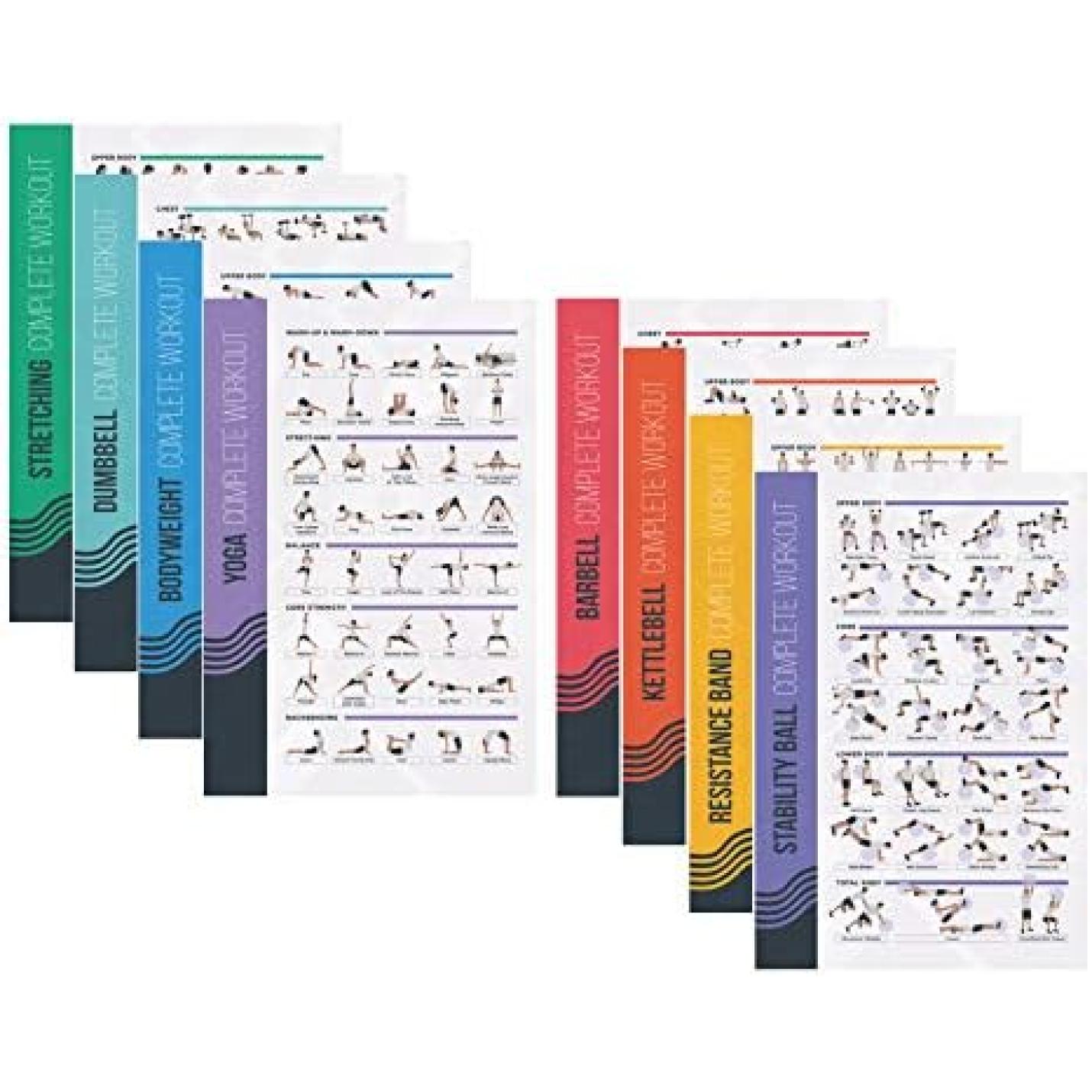 8 Pack Workout Oefening Poster Bundel - Halter, Barbell, Lichaamsgewicht, Yoga, Stretching, Stabiliteit Bal, Weerstandsbanden, Kettlebell | Home Gym Decor, Kamer Guide (16,5 x 25 Inch) - happygetfit.com