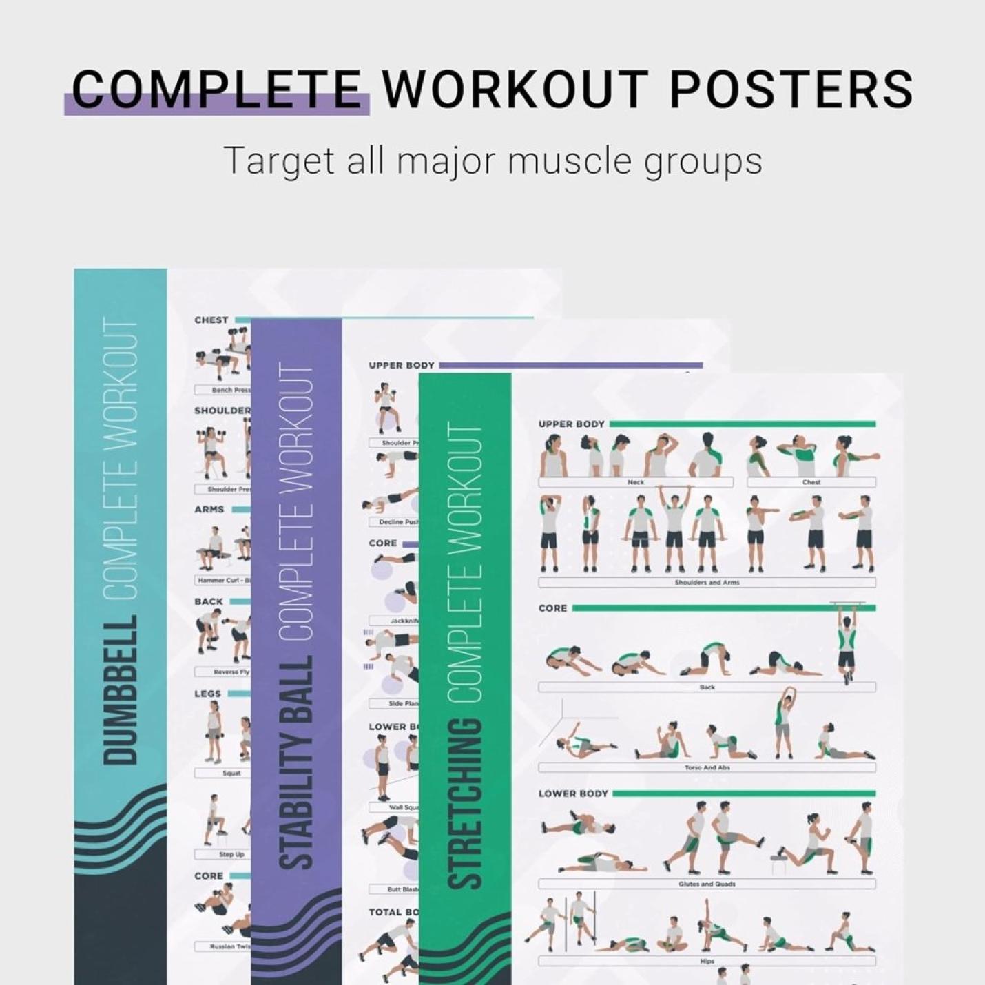 8 Pack Workout Oefening Poster Bundel - Halter, Barbell, Lichaamsgewicht, Yoga, Stretching, Stabiliteit Bal, Weerstandsbanden, Kettlebell | Home Gym Decor, Kamer Guide (16,5 x 25 Inch) - happygetfit.com