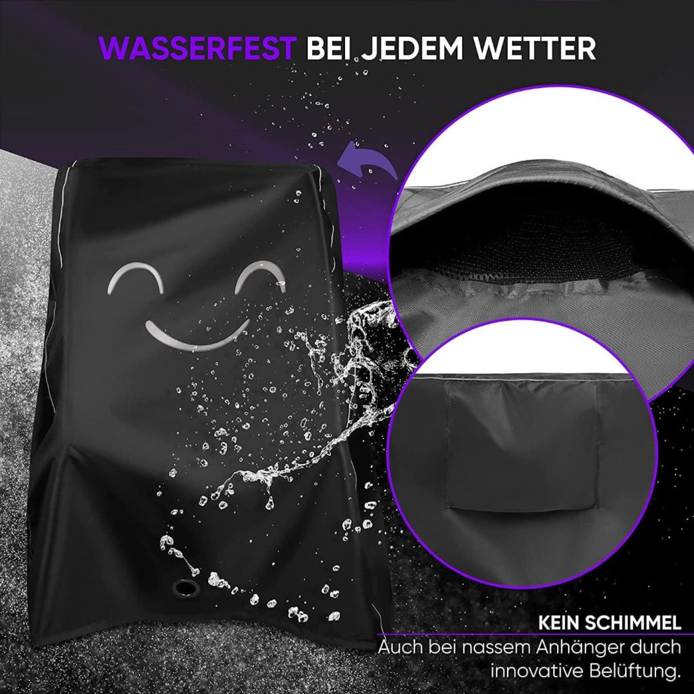 Een zwarte waterdichte Bescherm je fietskar-tas met een lachend gezichtontwerp, weergegeven in natte omstandigheden en gedetailleerde weergaven van de ritssluiting en ventilatieopening. De tekst benadrukt UV-bestendigheid en schimmelwerende eigenschappen.