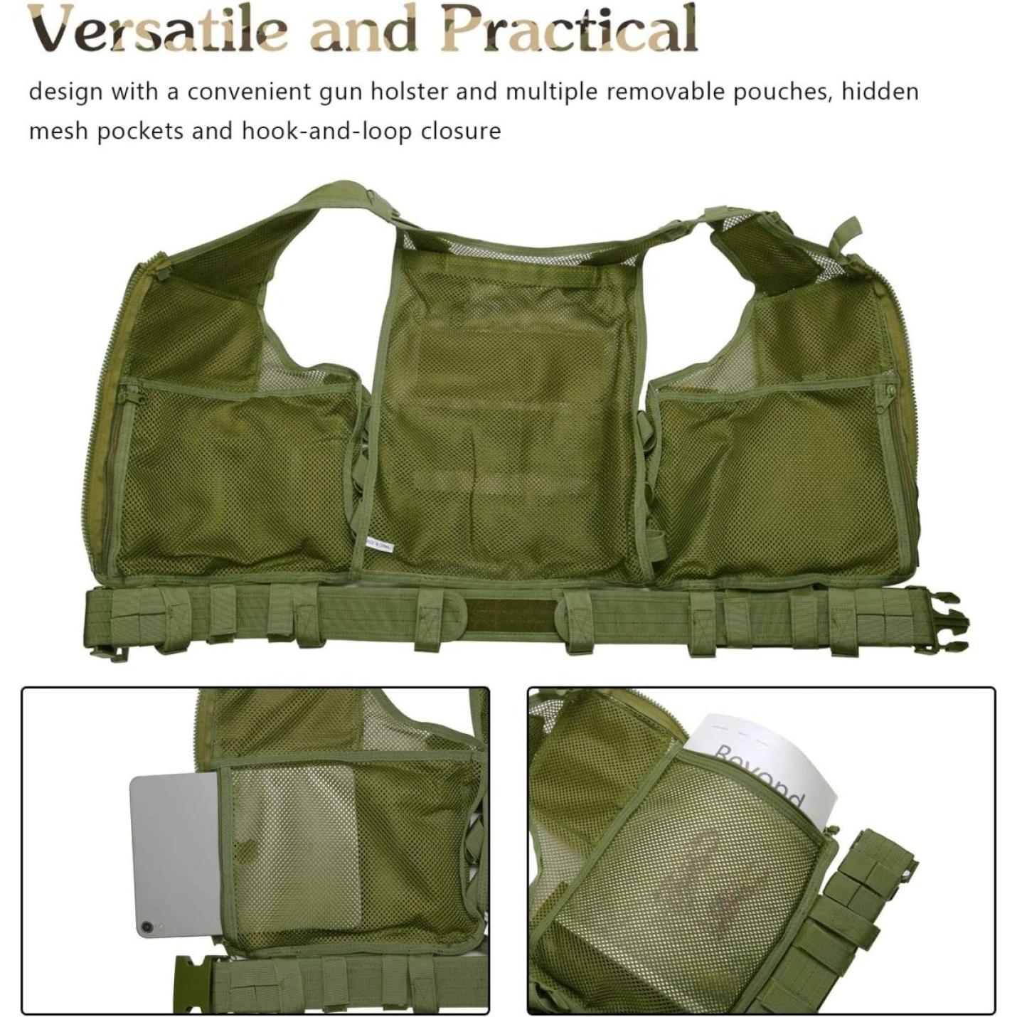 Olijfgroen tactisch vest met een pistoolholster, verwijderbare zakjes, zakken van traditionele mesh en klittenbandsluitingen, weergegeven tegen een witte achtergrond.
Productnaam: De ultieme uitrusting voor elke missie: een tactisch vest