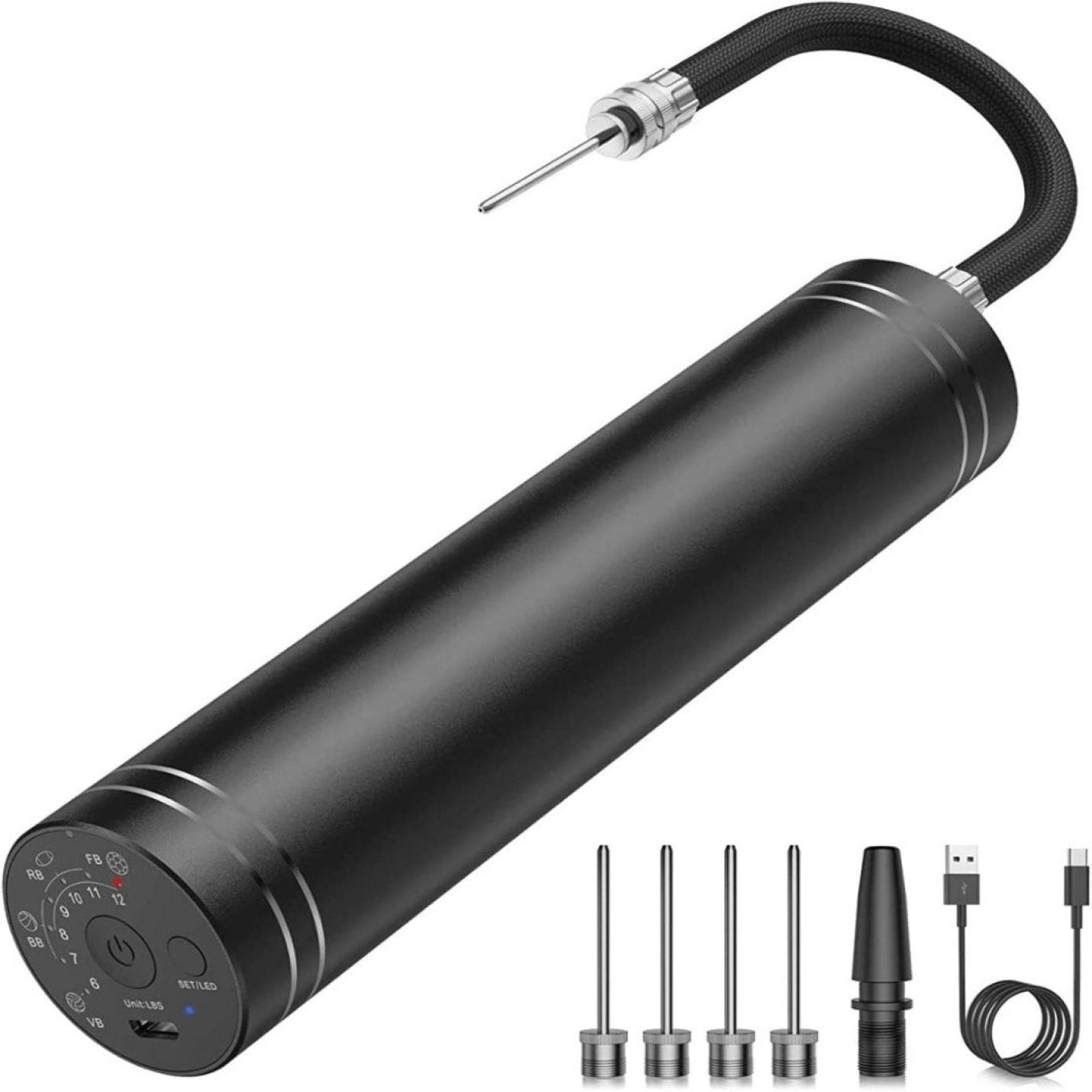 Intelligente ballenpomp met diverse mondstukbevestigingen, drukherkenning en een USB-oplaadkabel.